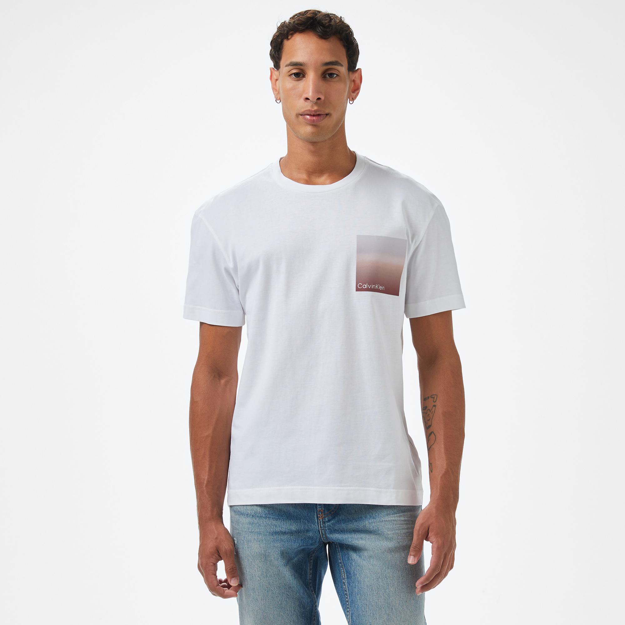 Calvin Klein Ombre Bonded Box Logo Erkek Beyaz T-Shirt
