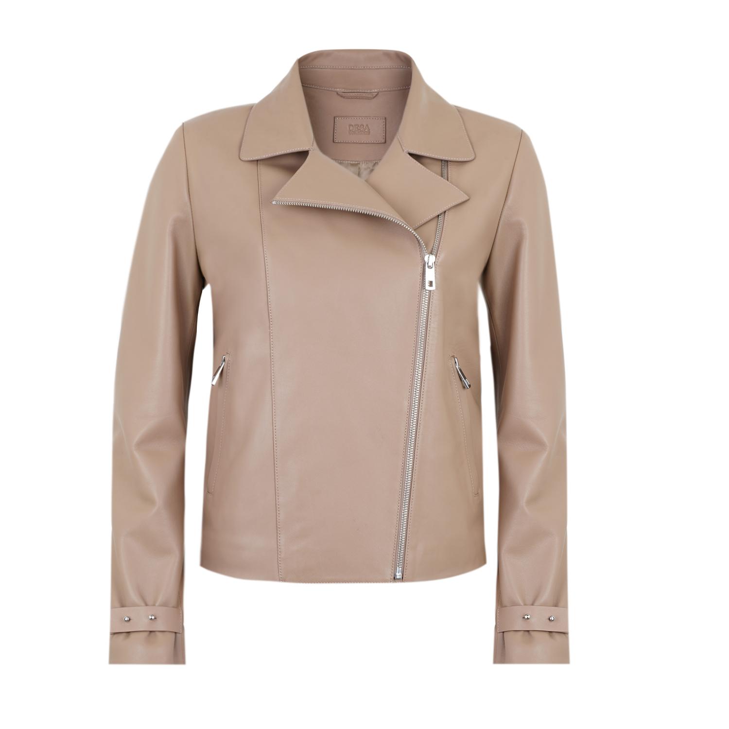Ayunli Bej Kadın Biker Deri Ceket