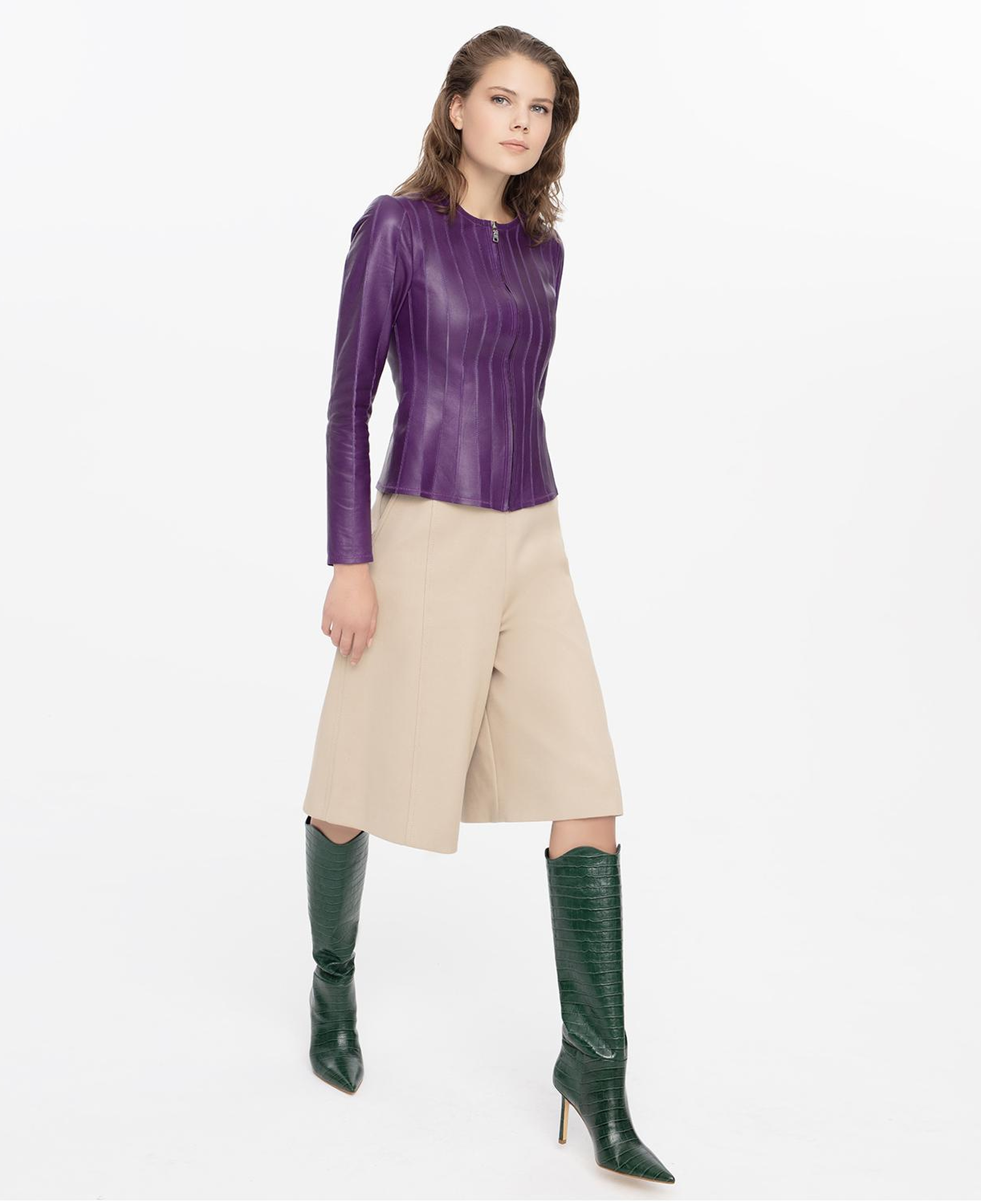 Deundria Mor Kadın Fit Panelli Deri Ceket