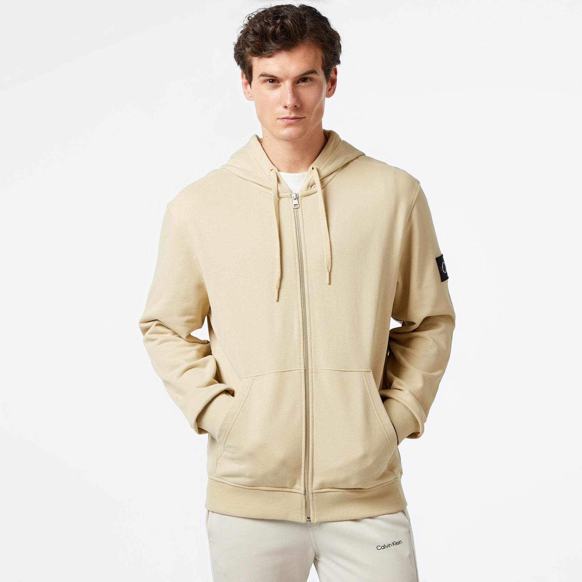 Calvin Klein Jeans Badge Zip Through Erkek Bej Hoodie