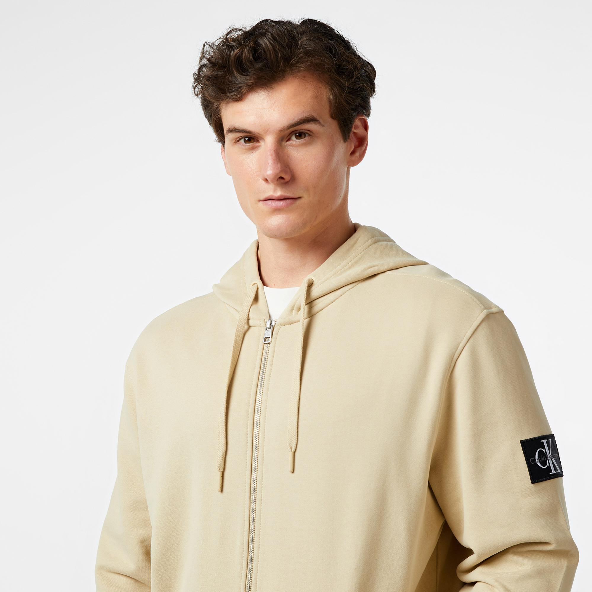 Calvin Klein Jeans Badge Zip Through Erkek Bej Hoodie
