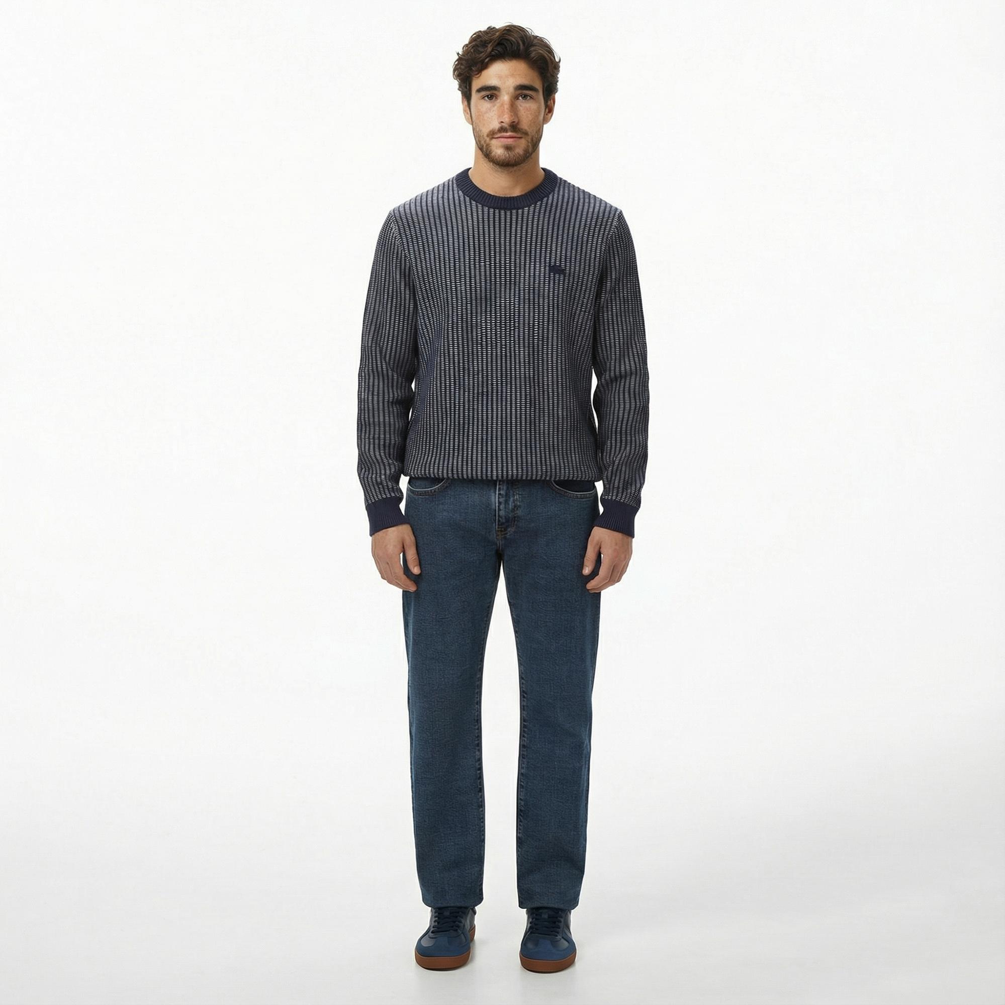 Lacoste Erkek Classic Fit Bisiklet Yaka Desenli Lacivert Kazak