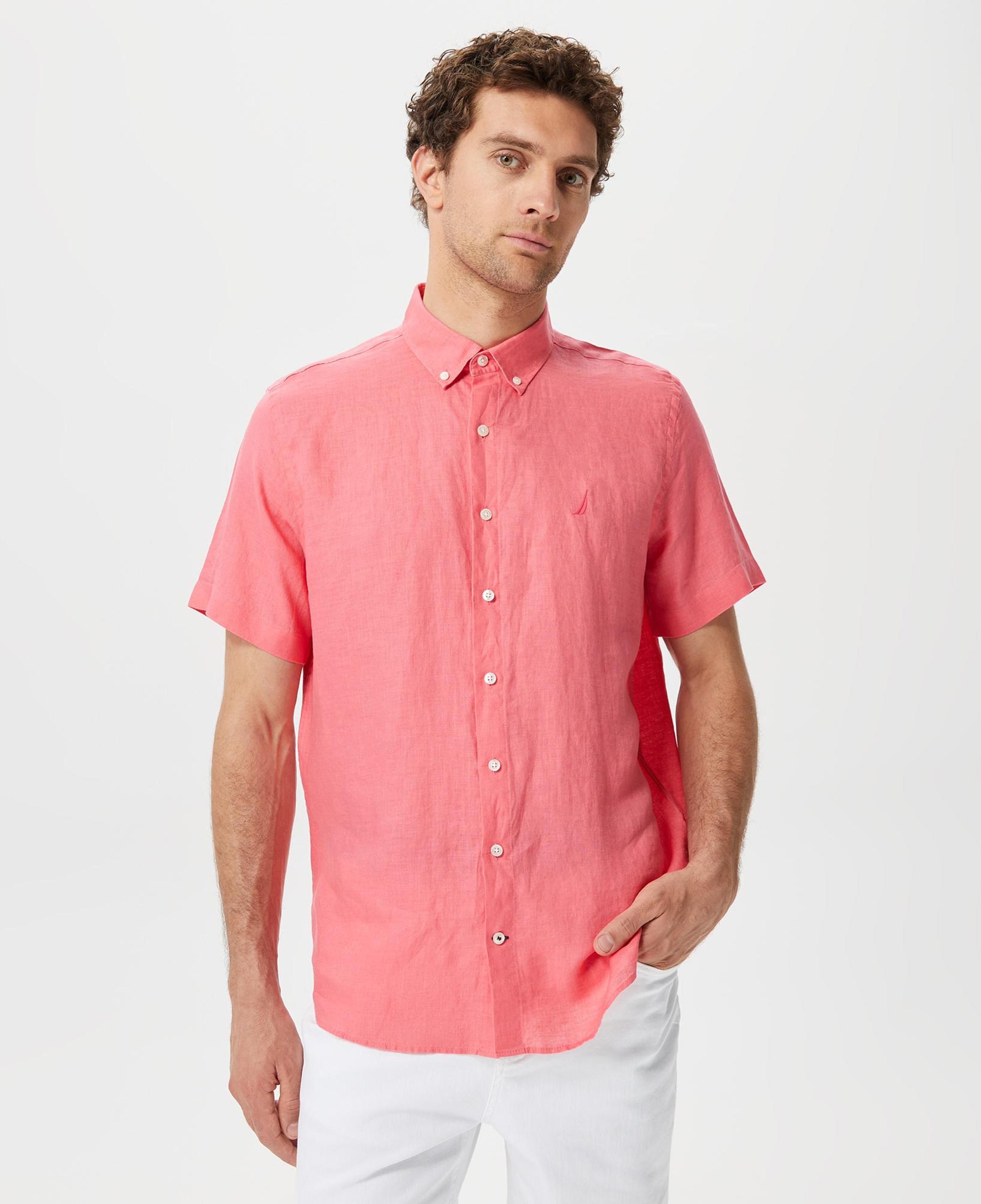 Nautica Erkek Açık Pembe Classic Fit Kısa Kollu Keten Gömlek