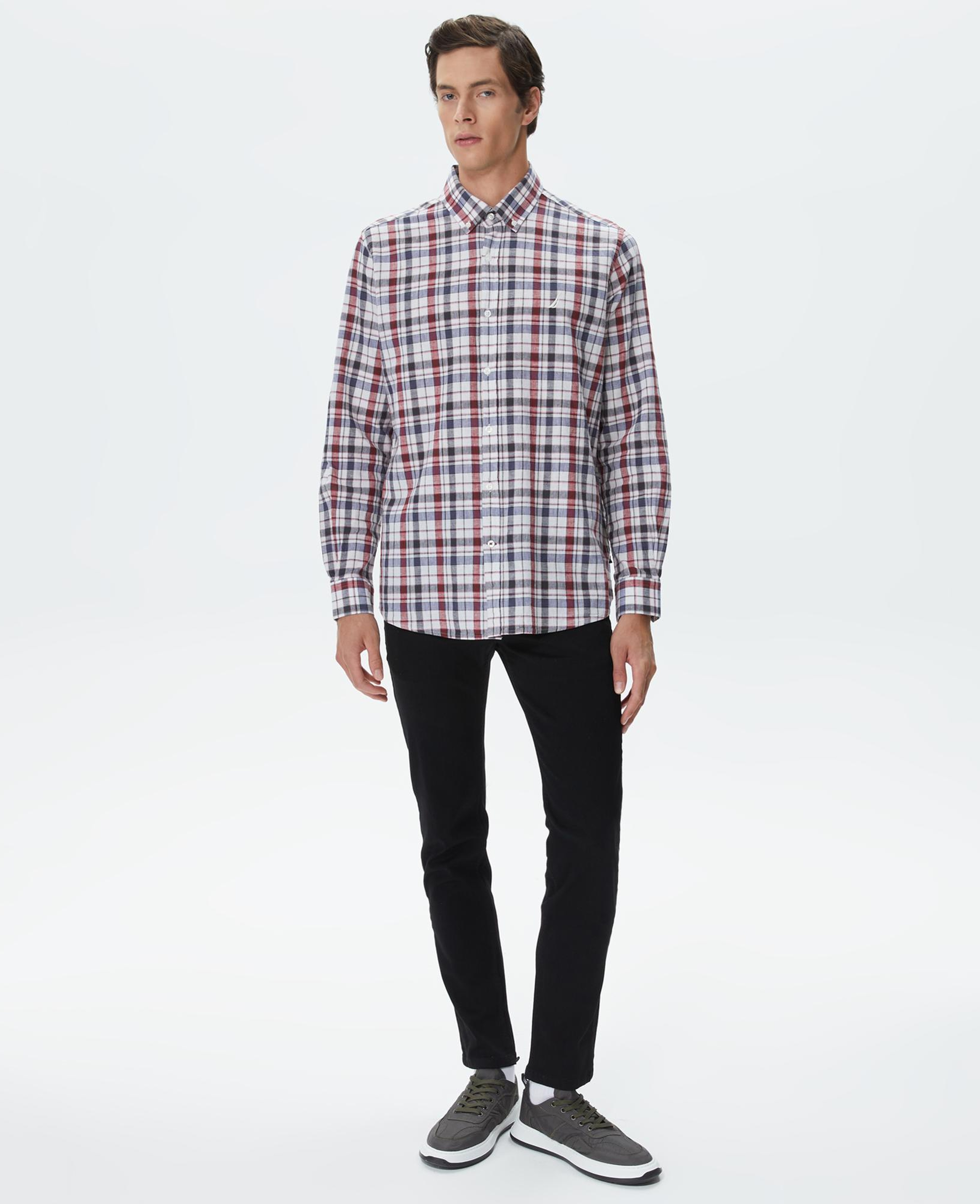 Nautica Erkek Kırık Beyaz Classic Fit Uzun Kollu Ekoseli Gömlek