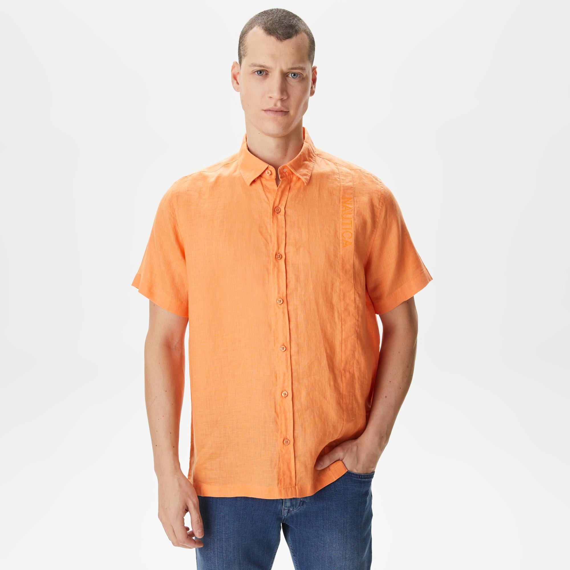 Nautica Erkek Turuncu Classic Fit Kısa Kollu Keten Gömlek
