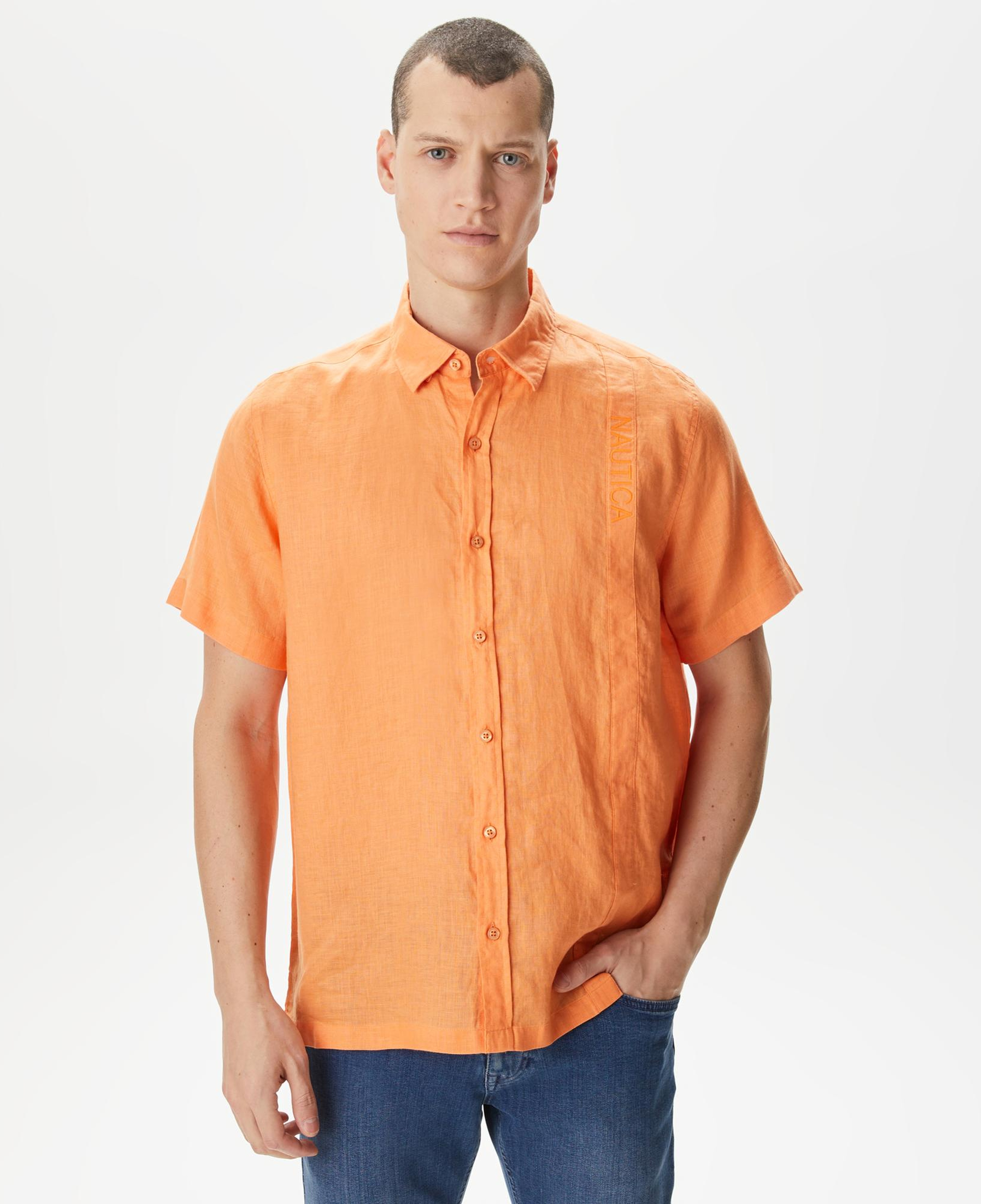 Nautica Erkek Turuncu Classic Fit Kısa Kollu Keten Gömlek
