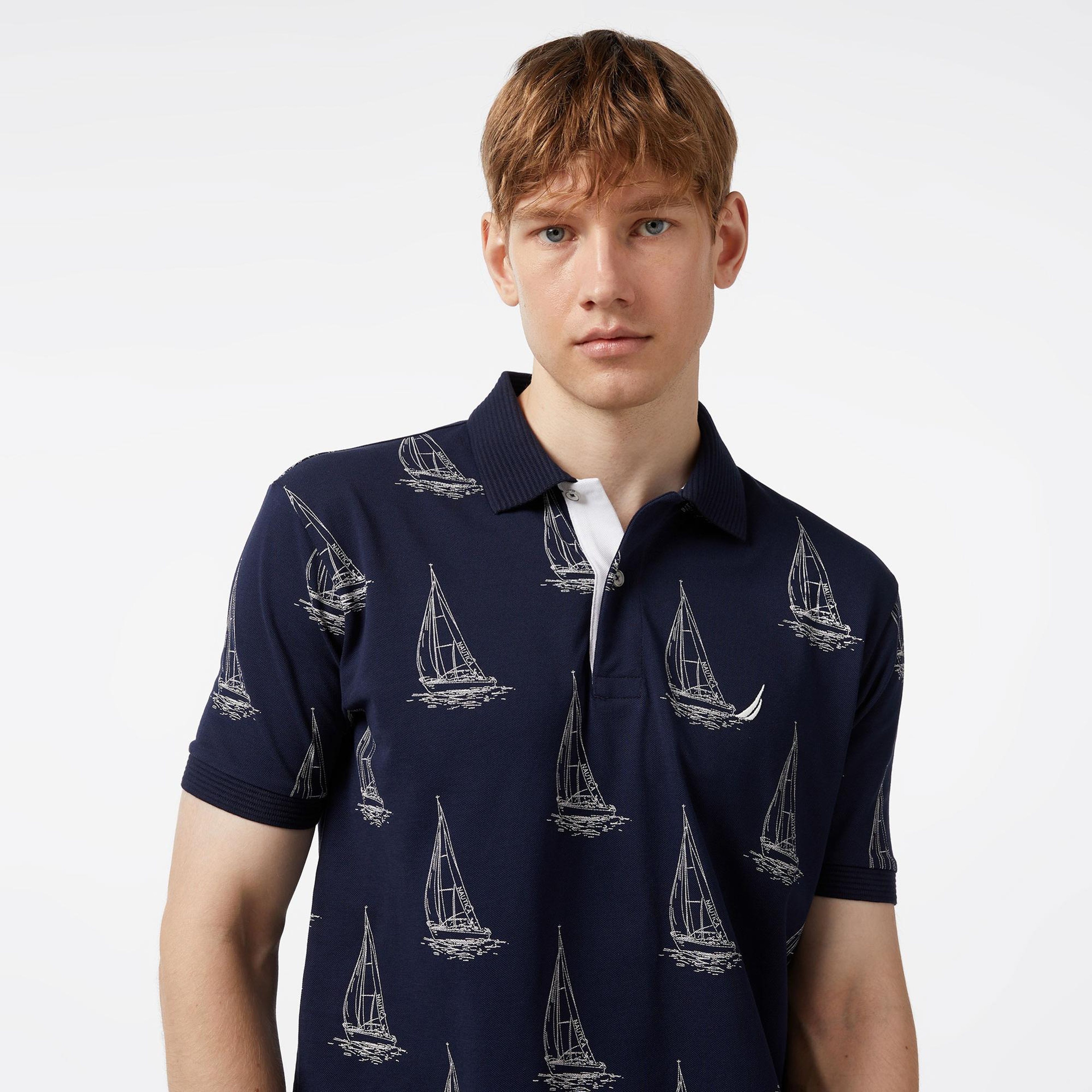 Nautica Erkek Lacivert Classic Fit Kısa Kollu Desenli Polo Yaka T-Shirt