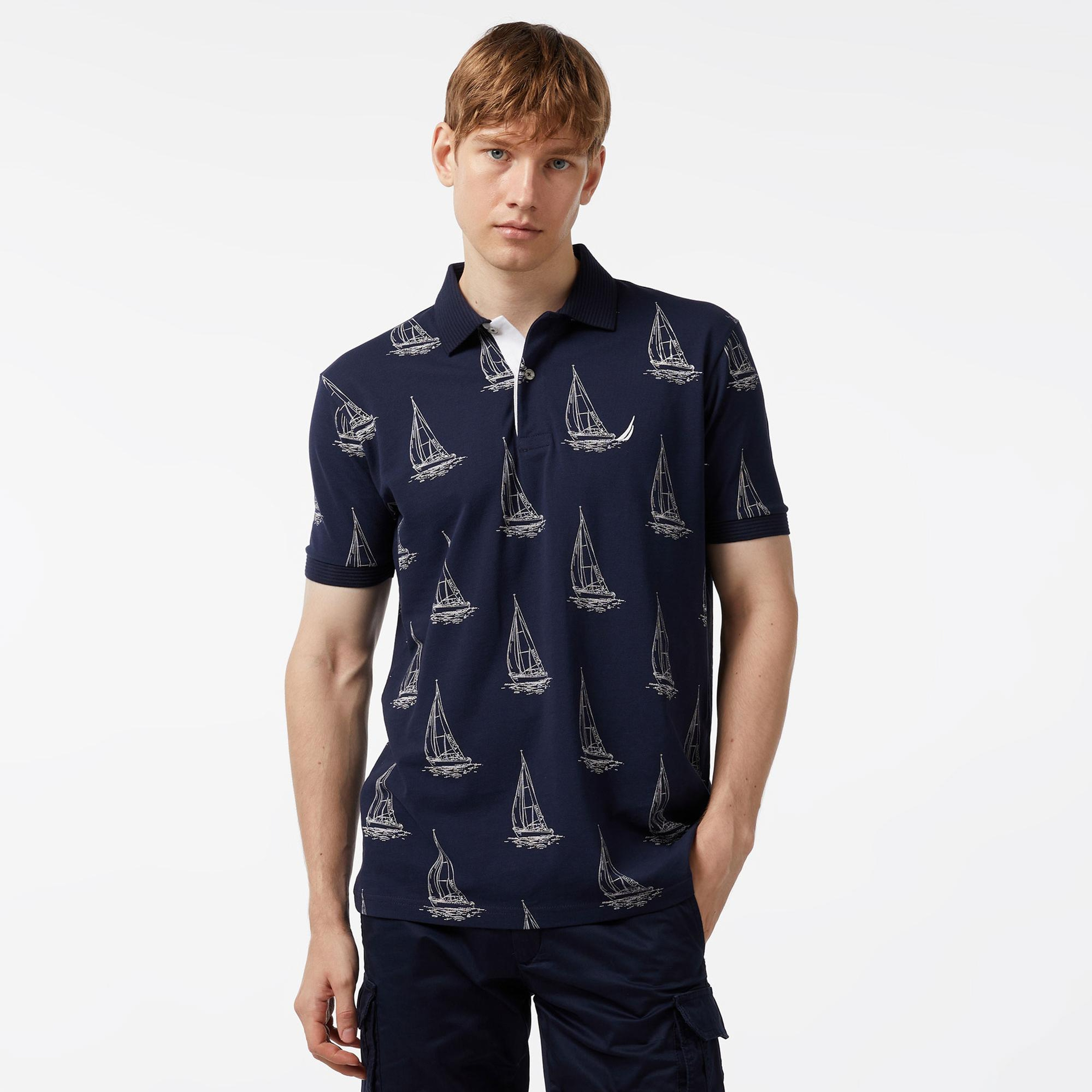Nautica Erkek Lacivert Classic Fit Kısa Kollu Desenli Polo Yaka T-Shirt