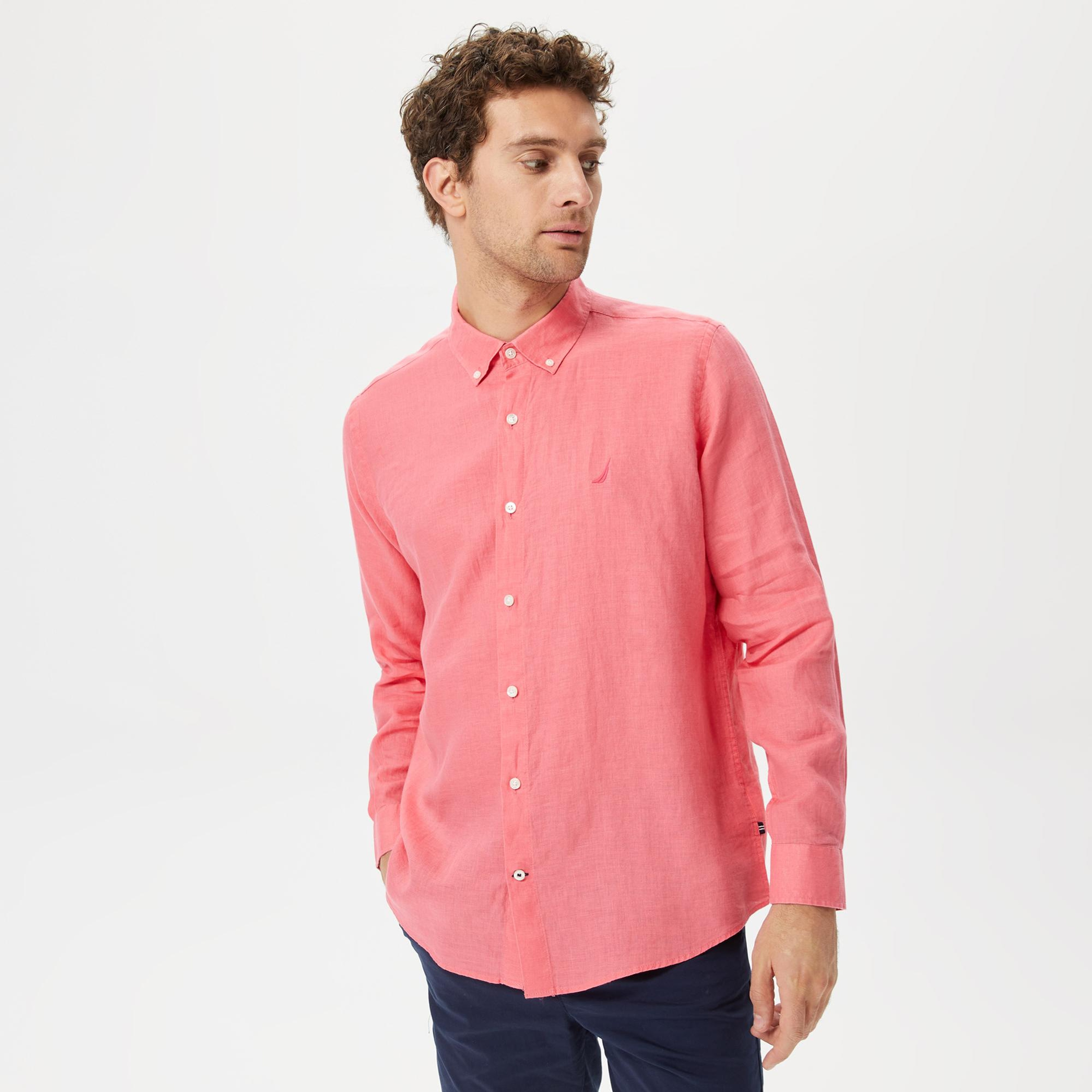 Nautica Erkek Pembe Classic Fit Uzun Kollu Keten Gömlek