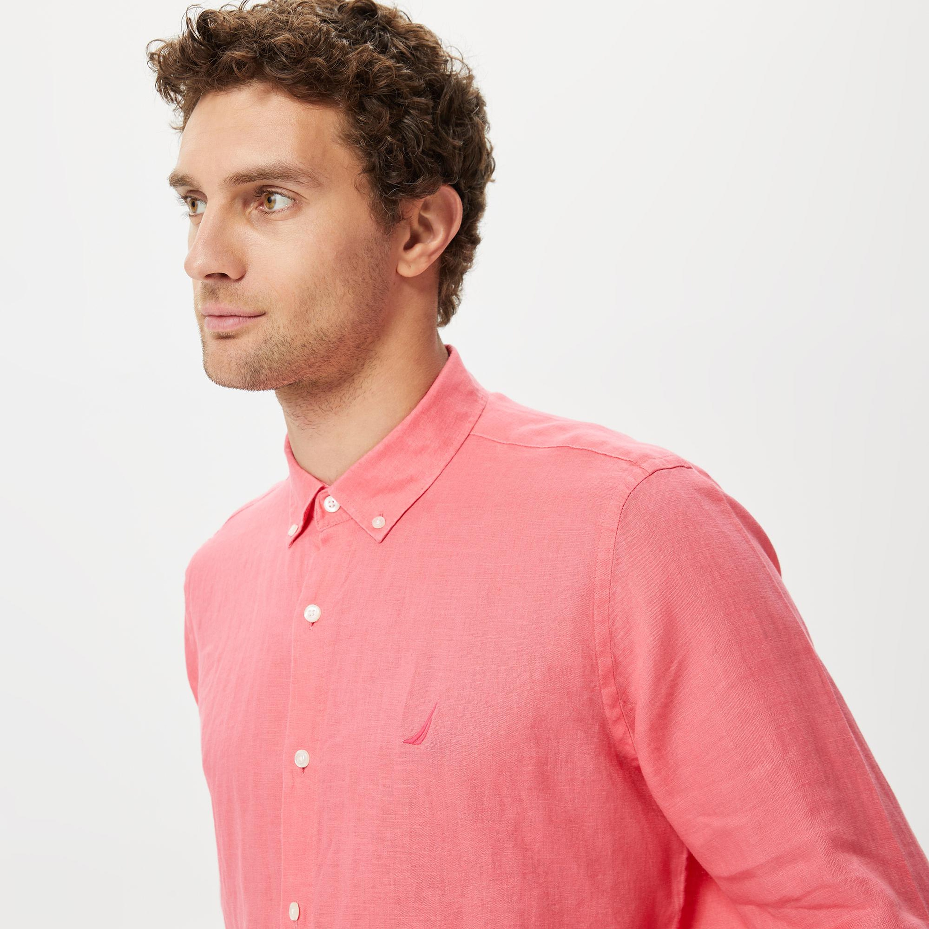 Nautica Erkek Pembe Classic Fit Uzun Kollu Keten Gömlek