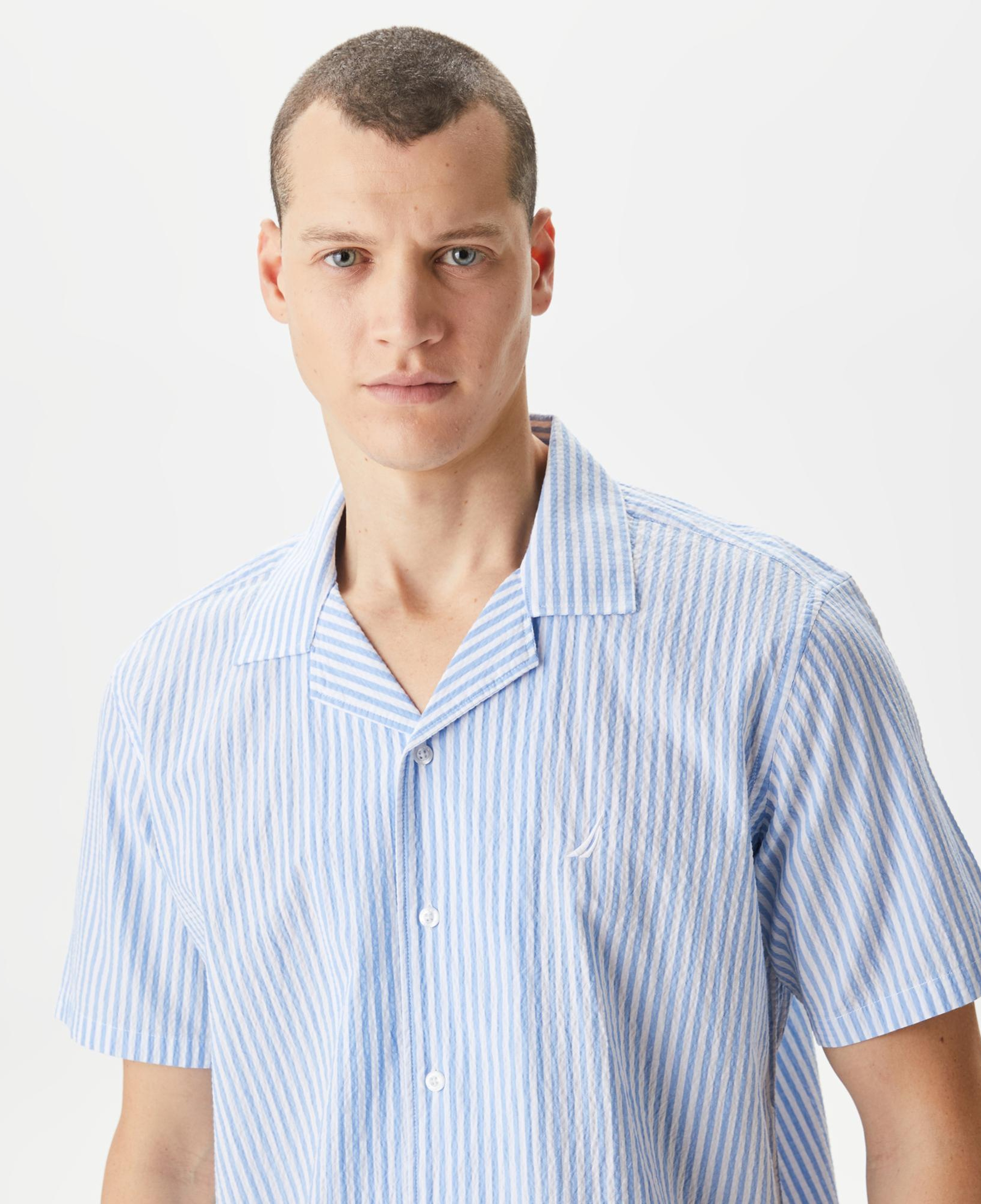 Nautica Erkek Mavi Classic Fit Kısa Kollu Çizgili Gömlek