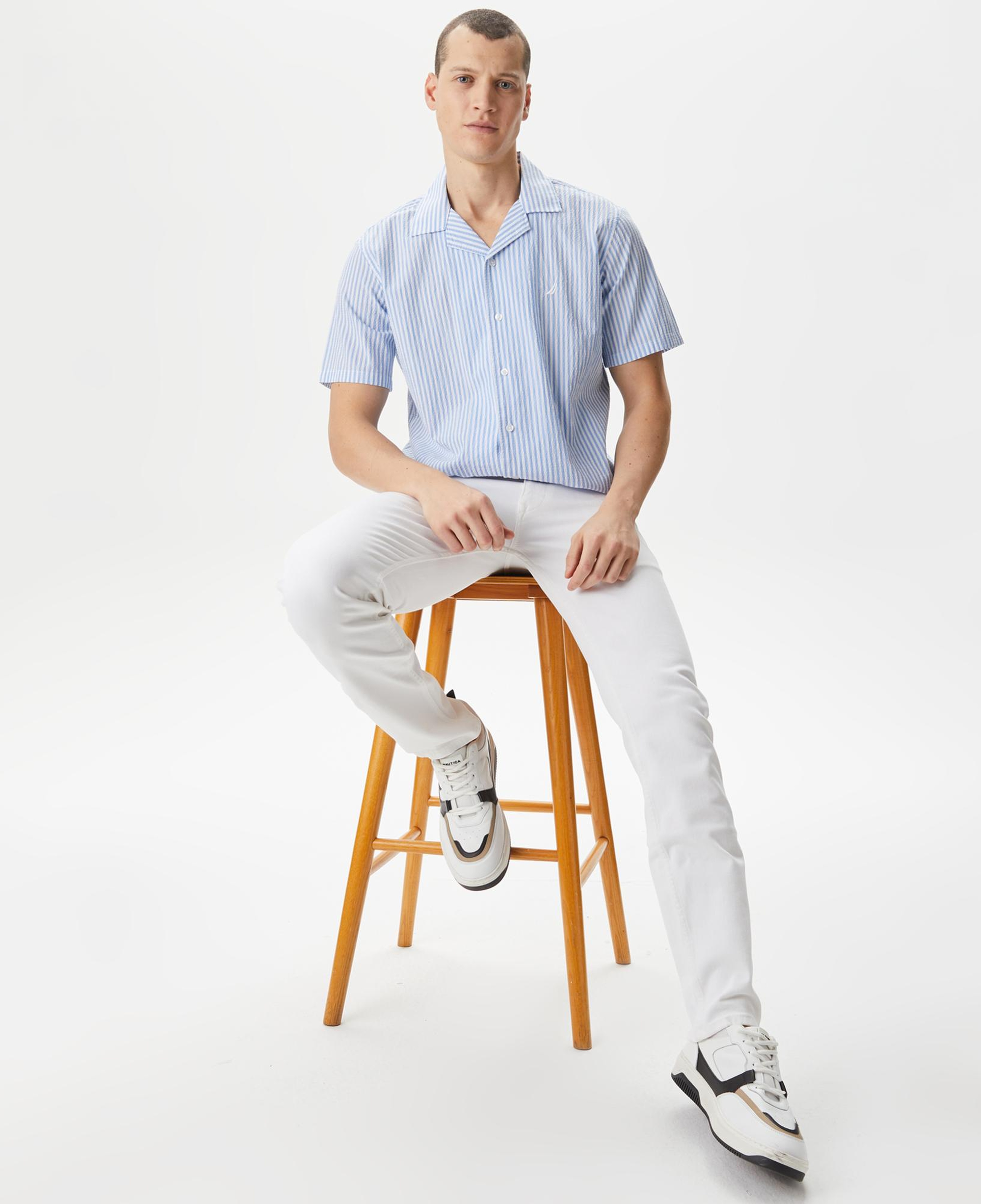 Nautica Erkek Mavi Classic Fit Kısa Kollu Çizgili Gömlek