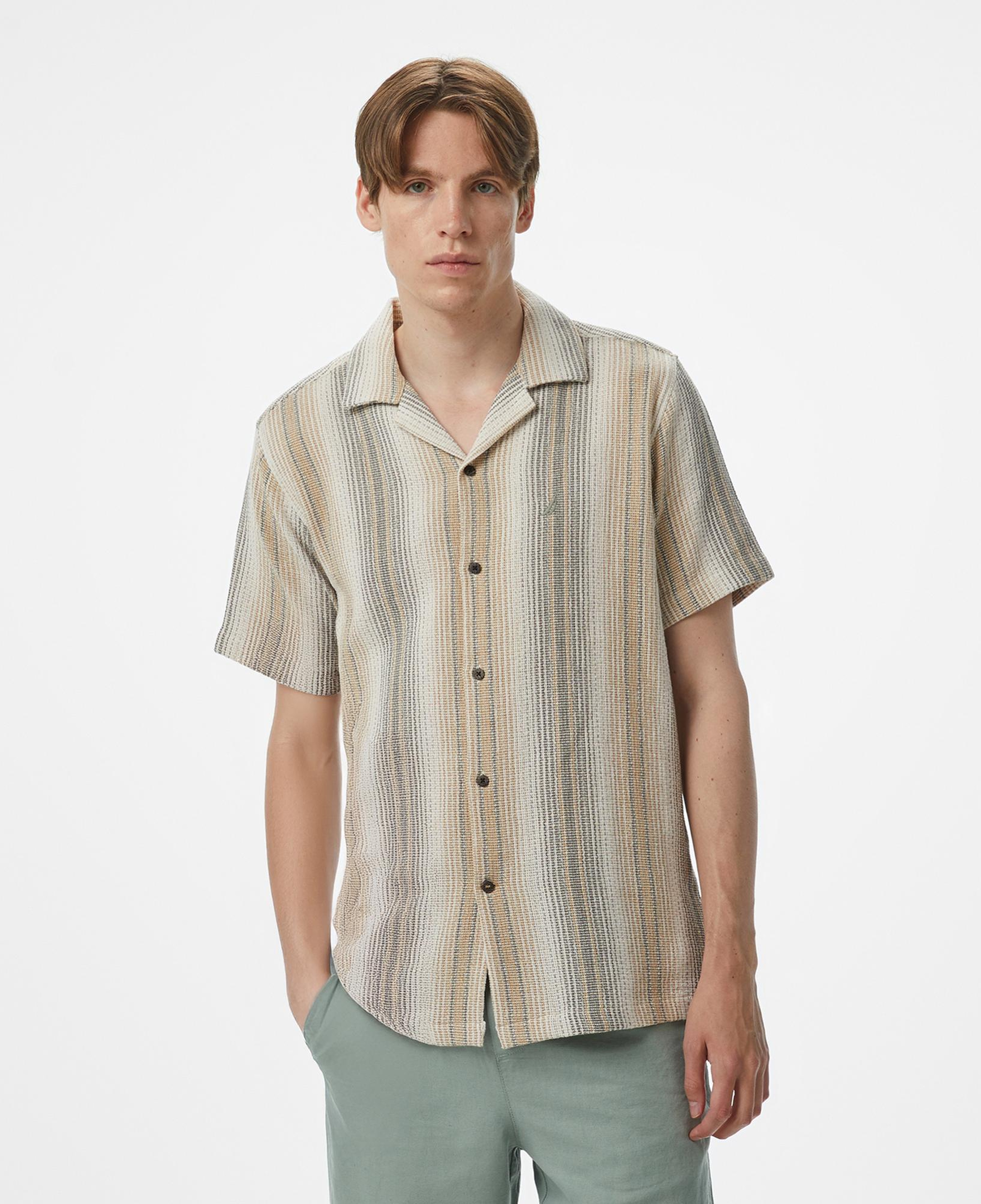 Nautica Erkek Bej Classic Fit Çizgili Gömlek