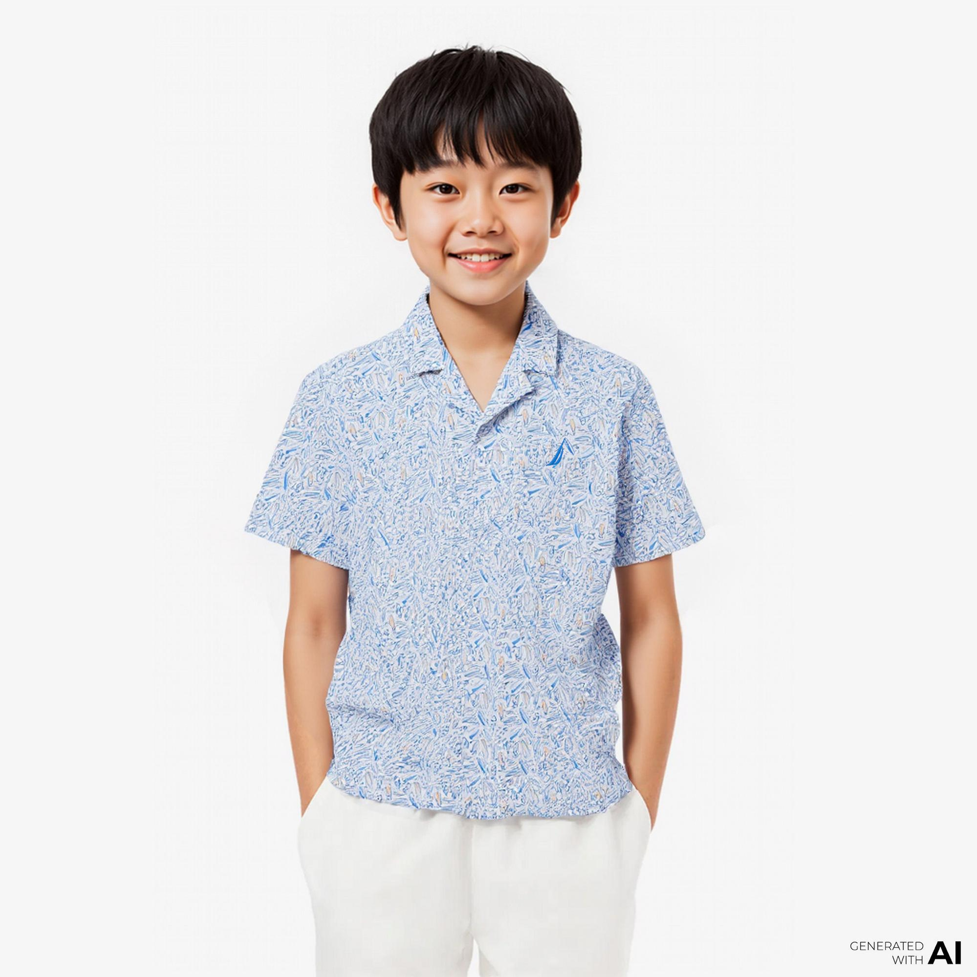 Nautica Erkek Çocuk Mavi Classic Fit Baskılı Gömlek