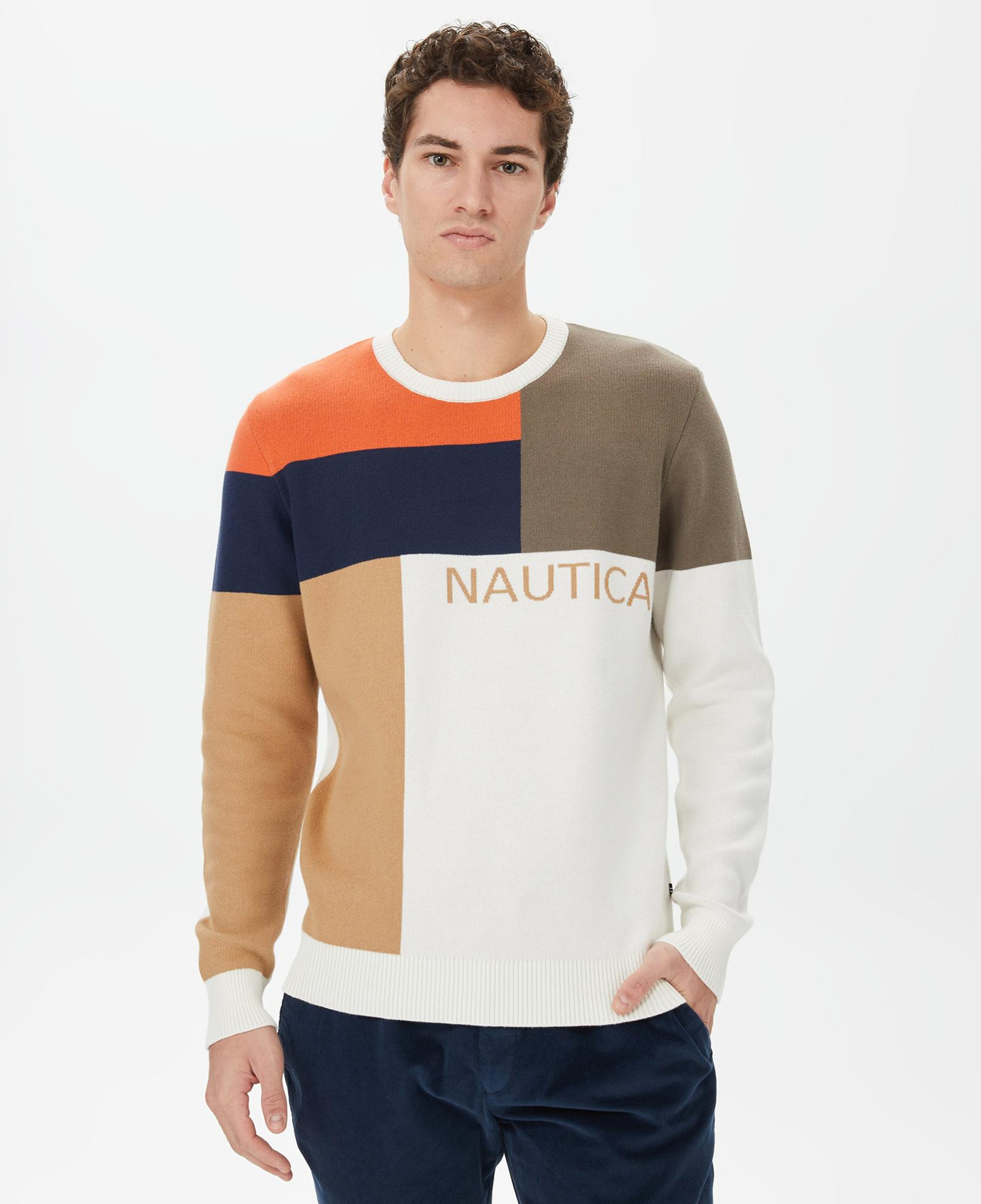 Nautica Erkek Beyaz Standart Fit Renk Bloklu Triko