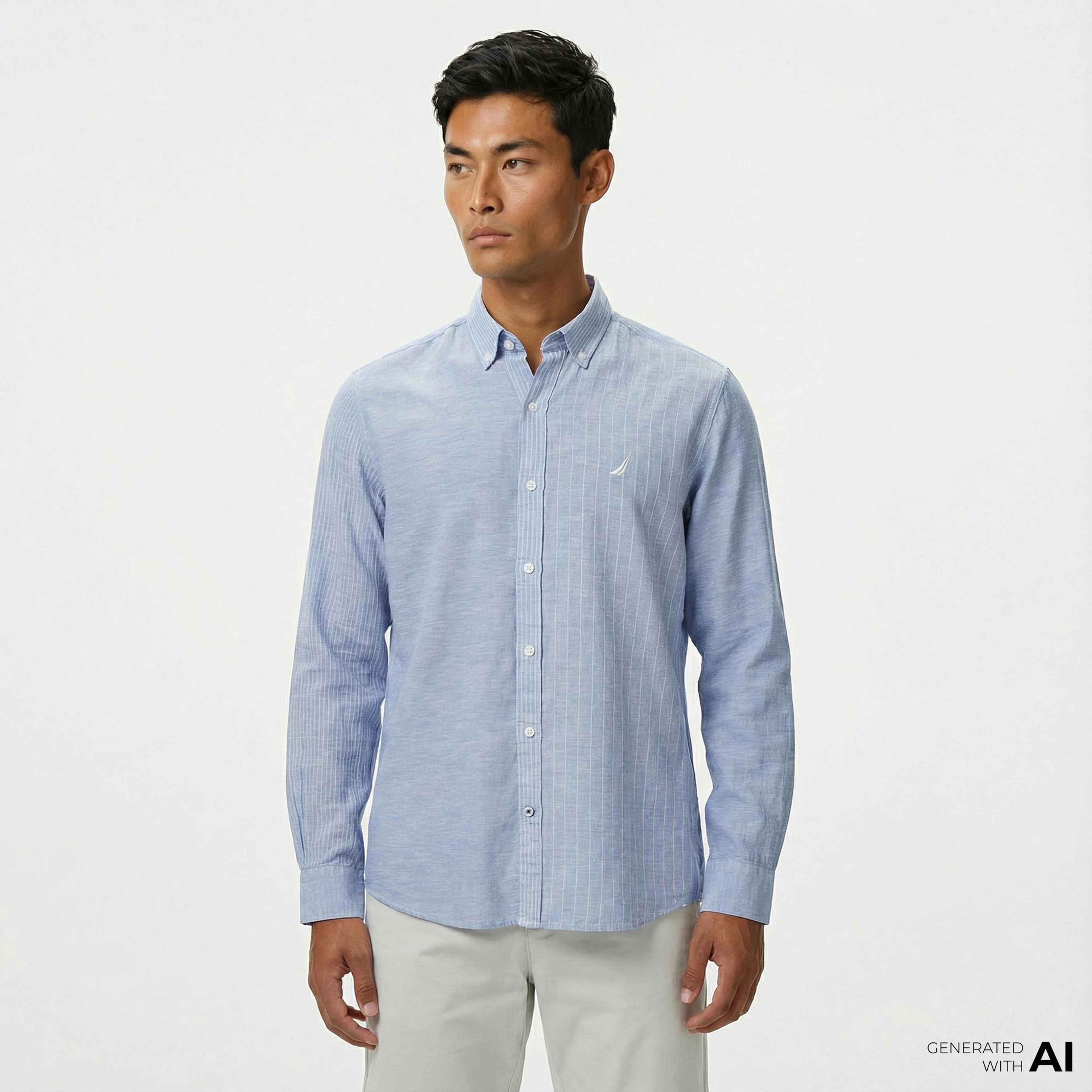 Nautica Erkek Mavi Classic Fit Çizgili Gömlek