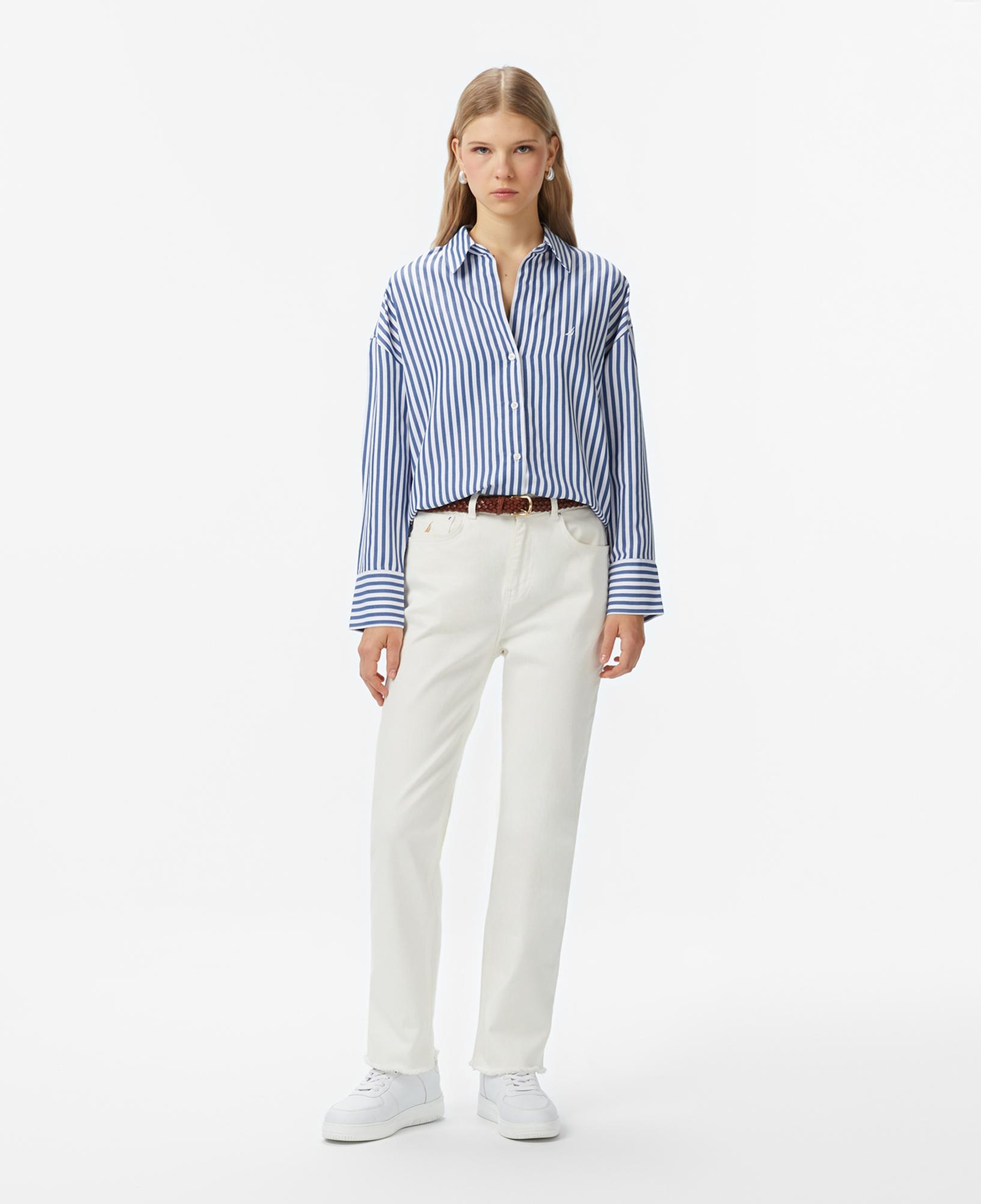 Nautica Kadın Mavi Oversize Çizgili Gömlek