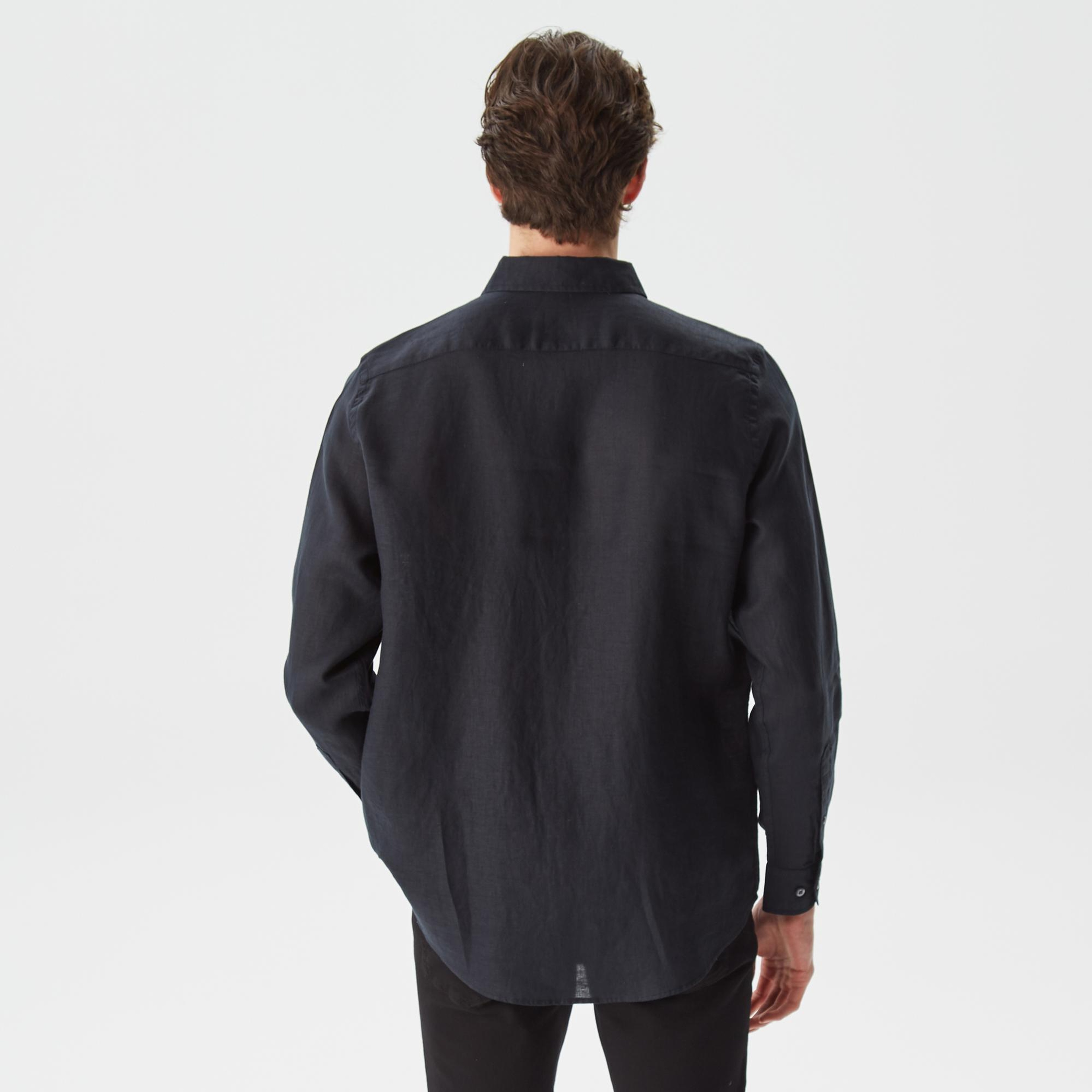 Nautica Erkek Siyah Classic Fit Uzun Kollu Keten Gömlek