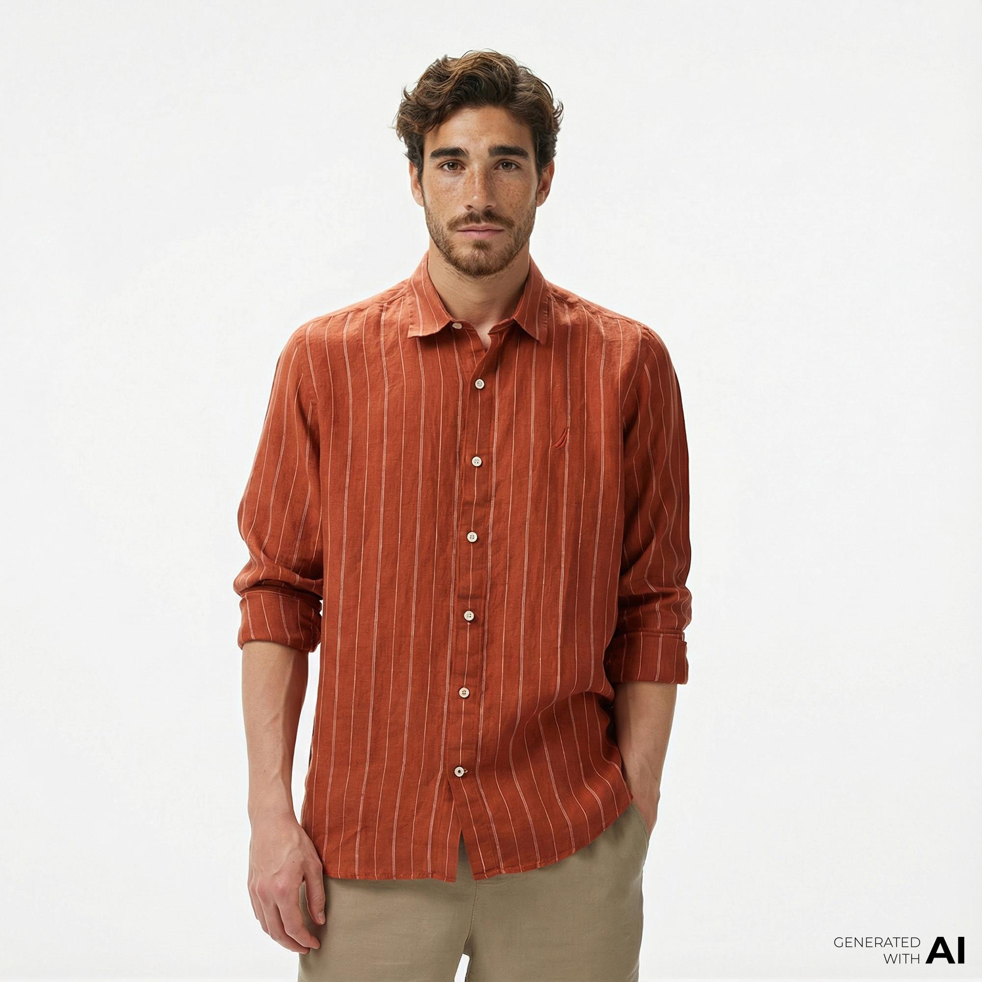 Nautica Erkek Kırmızı Classic Fit Çizgili Keten Gömlek