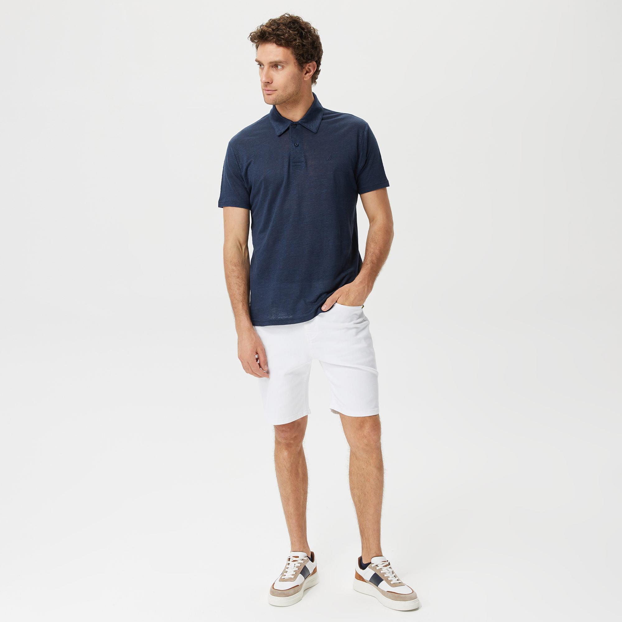Nautica Erkek Lacivert Classic Fit Kısa Kollu Keten Polo Yaka T-Shirt