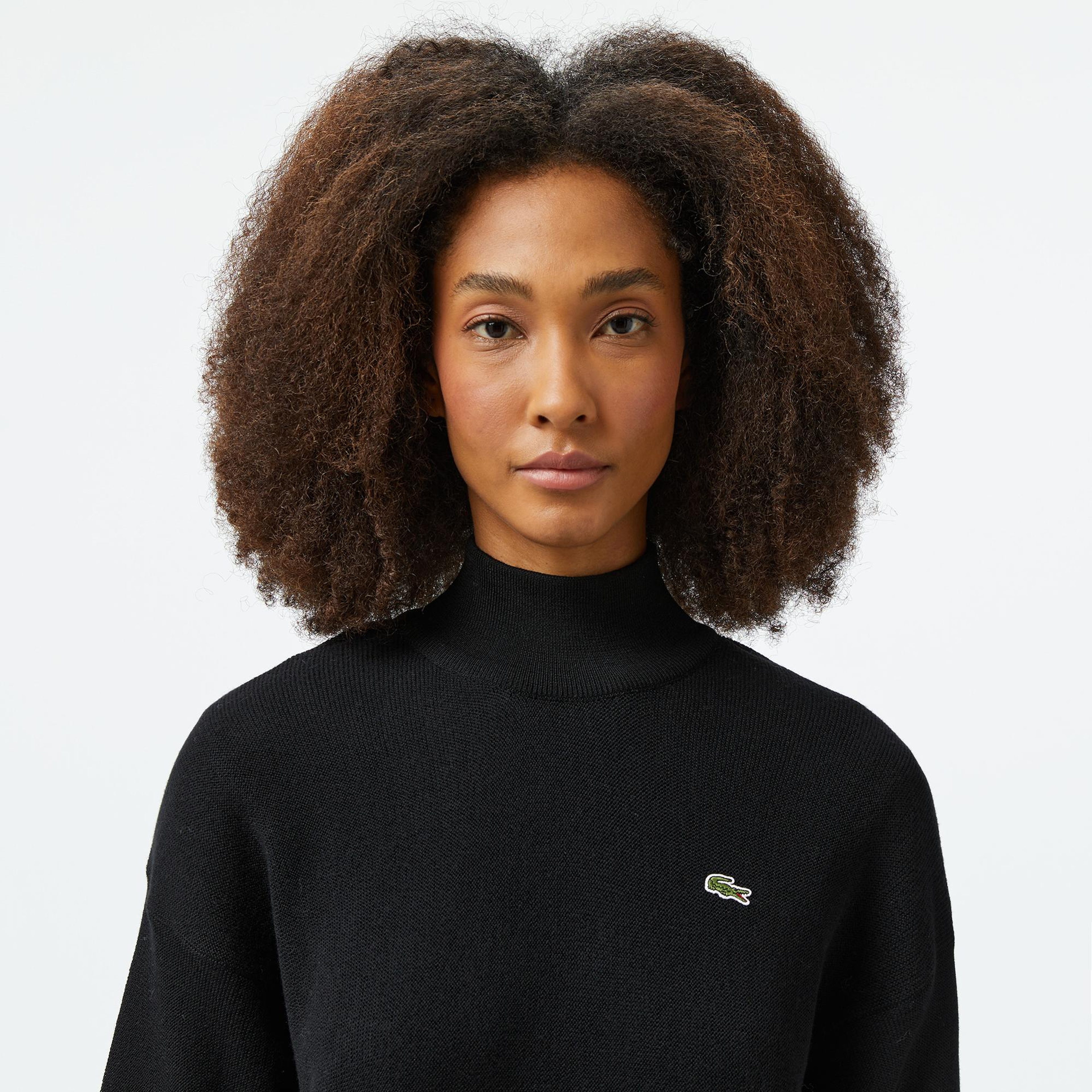 Lacoste Kadın Relaxed Fit Polo Yaka Yün Siyah Kazak