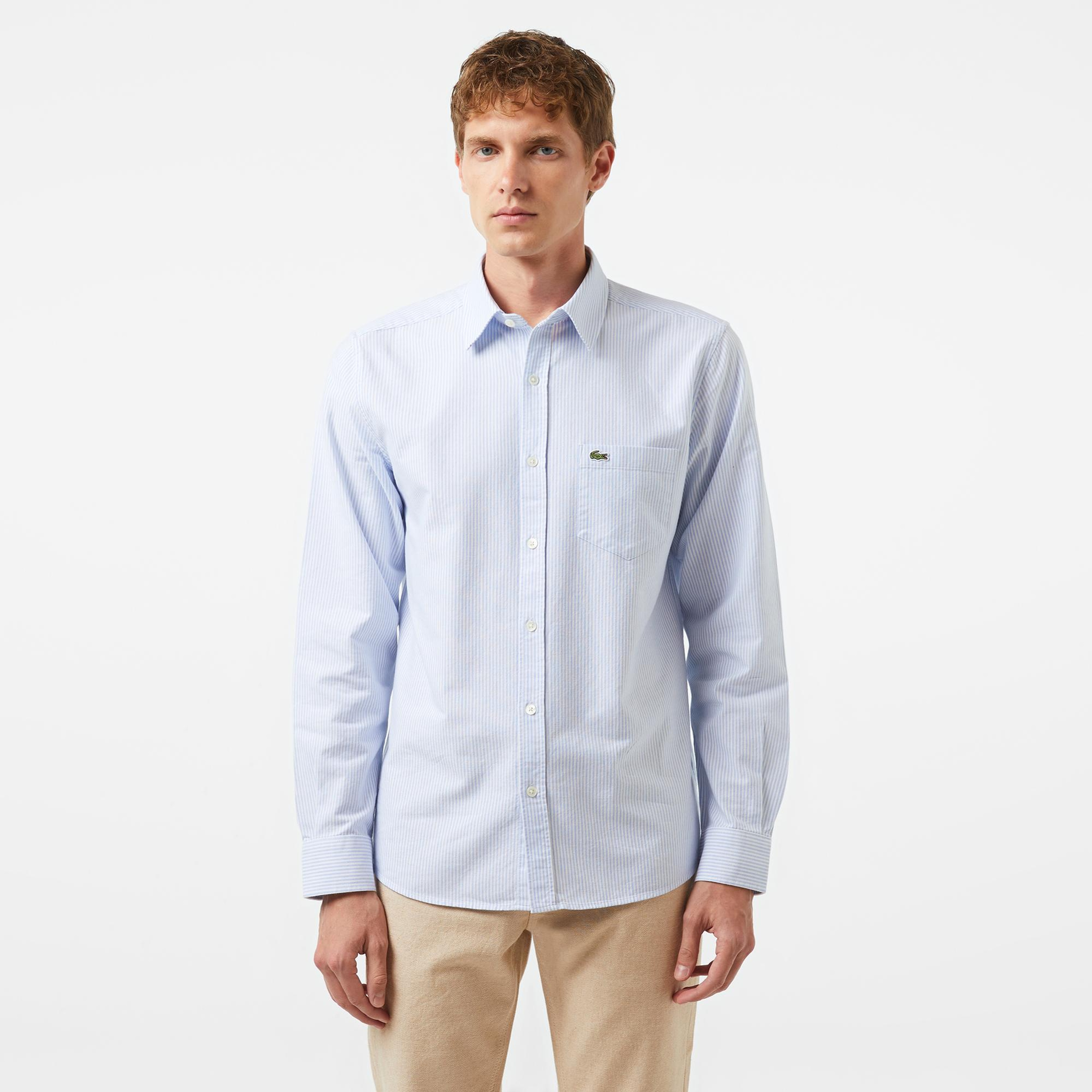 Lacoste Erkek Regular Fit Çizgili Açık Mavi Gömlek