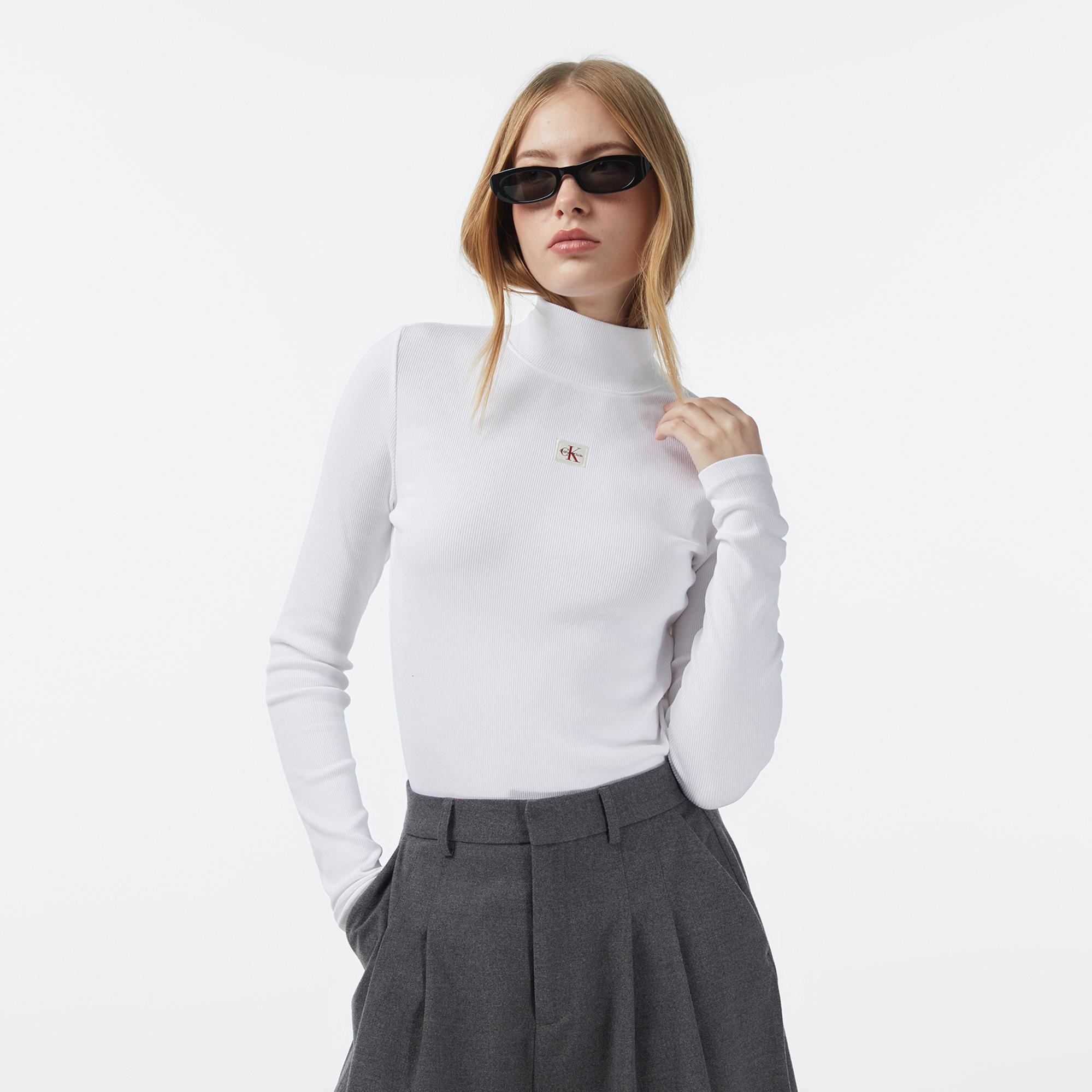 Calvin Klein Woven Label Turtleneck Kadın Beyaz Kazak