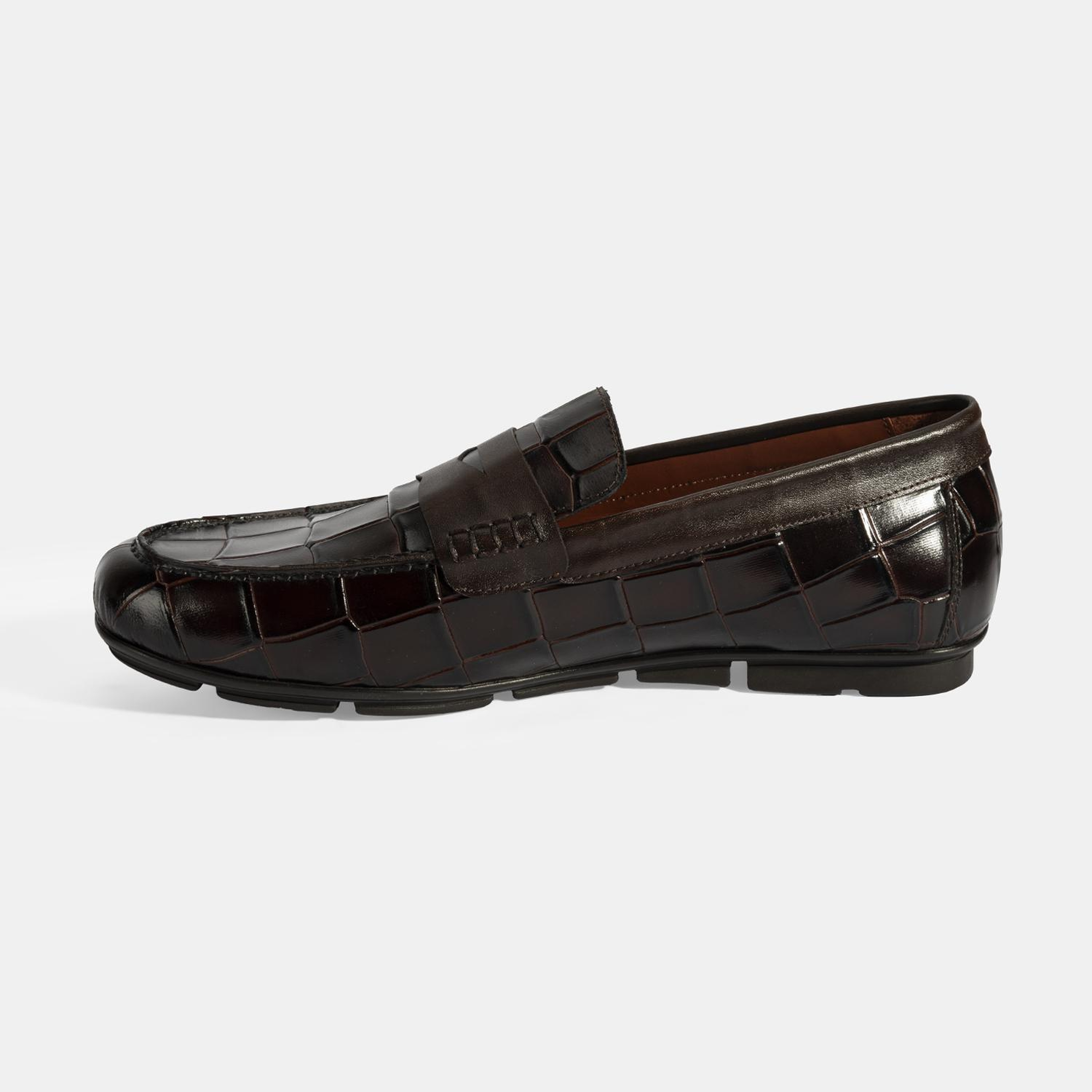 Erkek Kahve Kroko Baskılı Deri Loafer