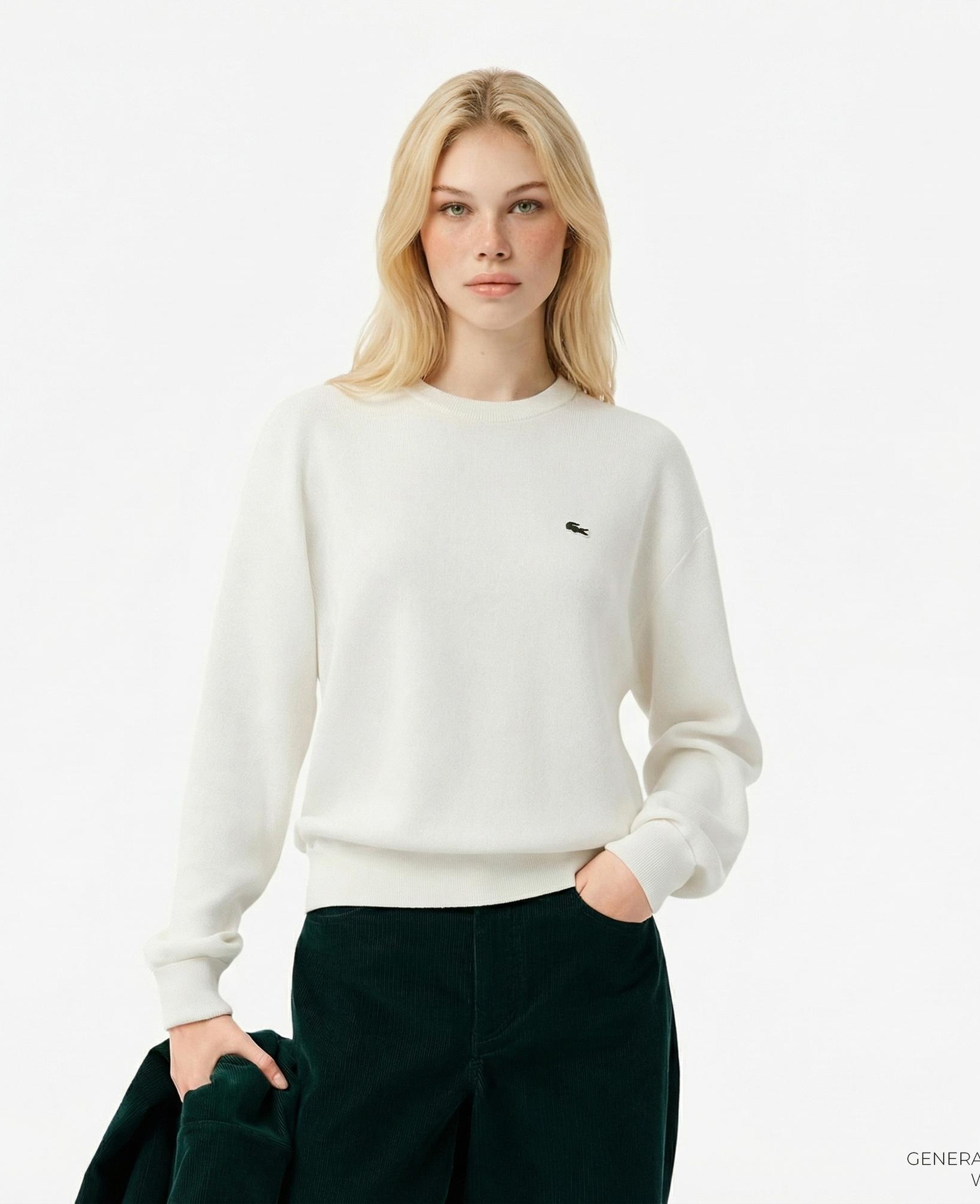 Lacoste Kadın Relaxed Fit Bisiklet Yaka Beyaz Kazak