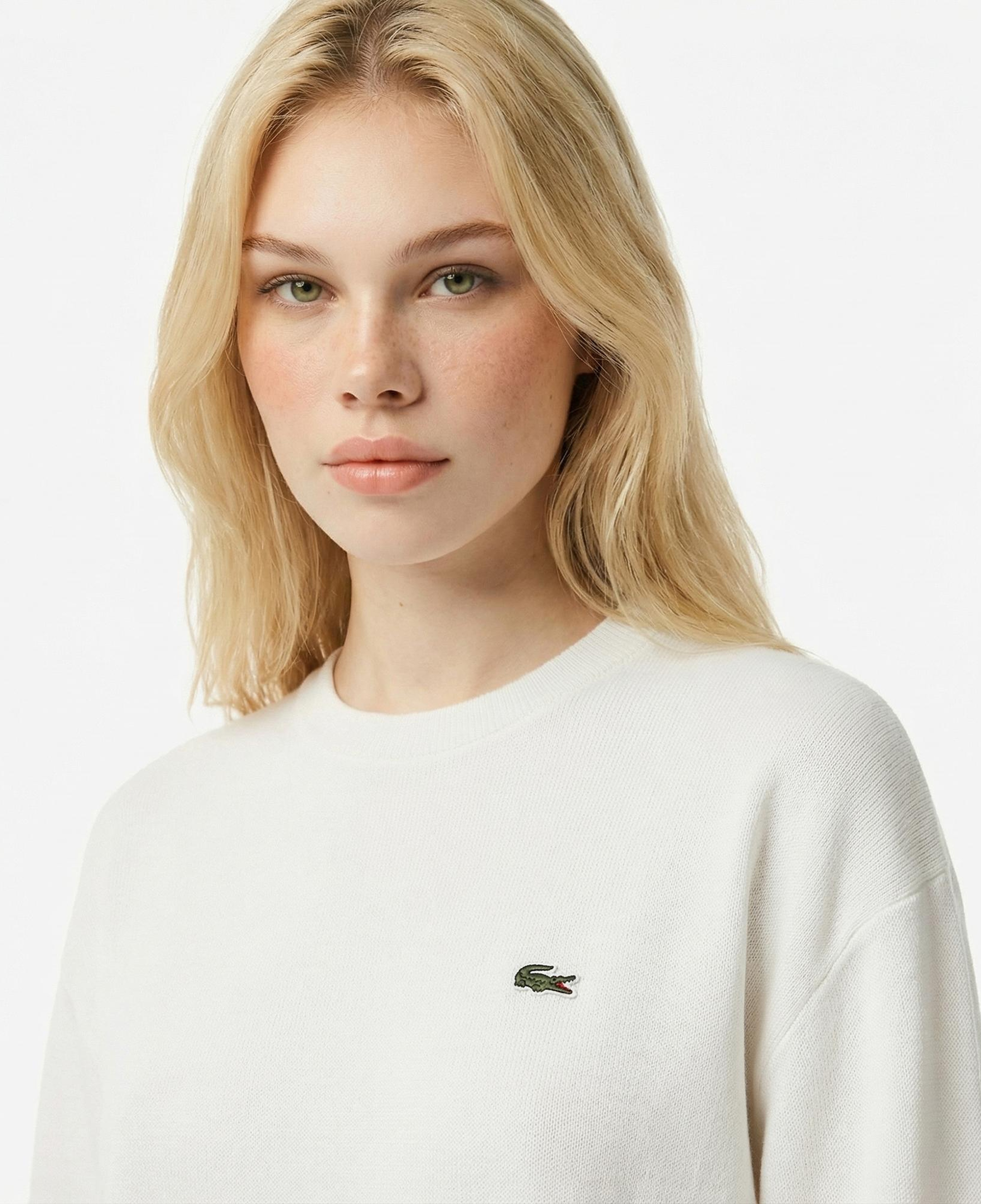 Lacoste Kadın Relaxed Fit Bisiklet Yaka Beyaz Kazak