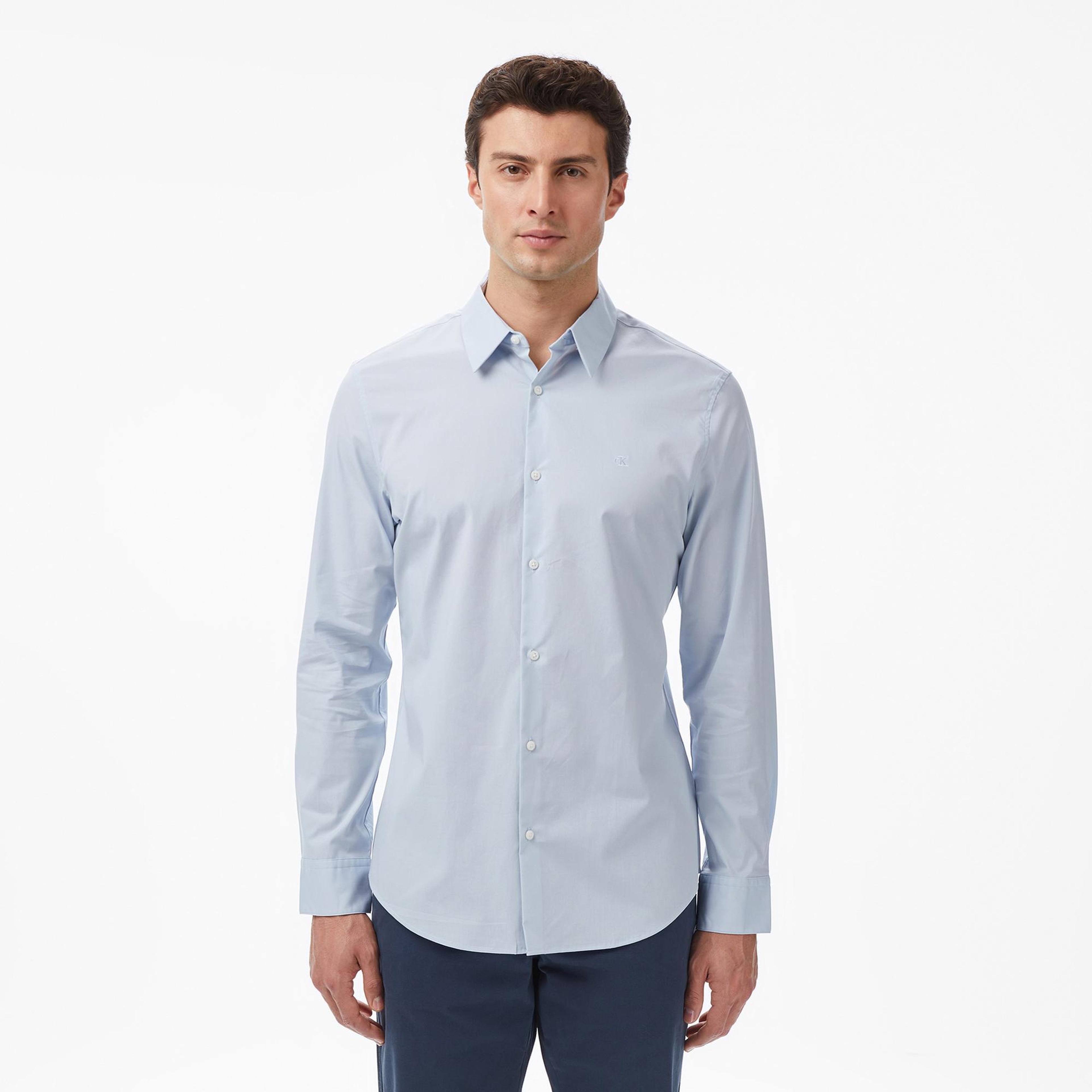 Calvin Klein Solid Stretch Slim Erkek Mavi Gömlek