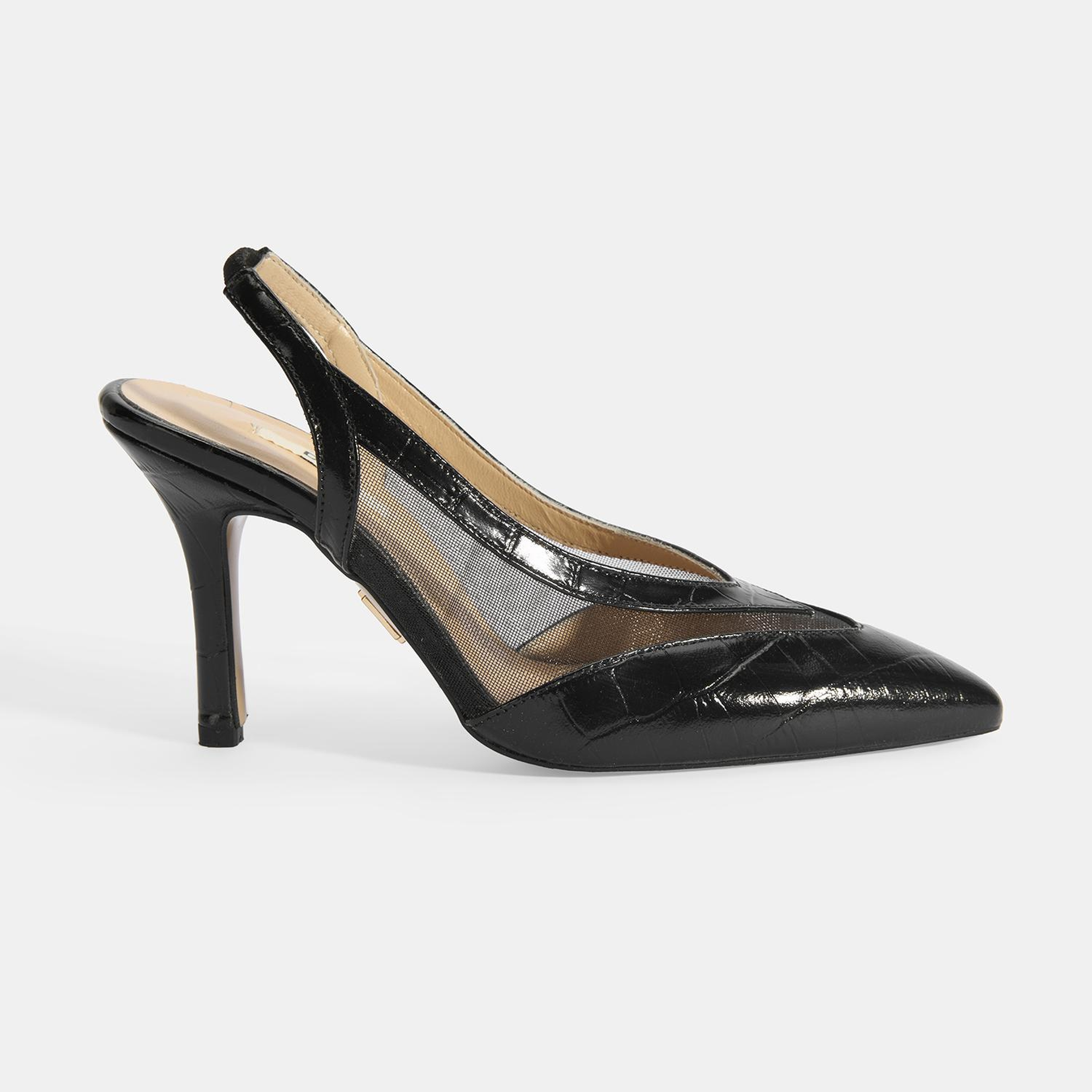 Kadın Siyah Kroko Desenli Fileli Abiye Topuklu Ayakkabı