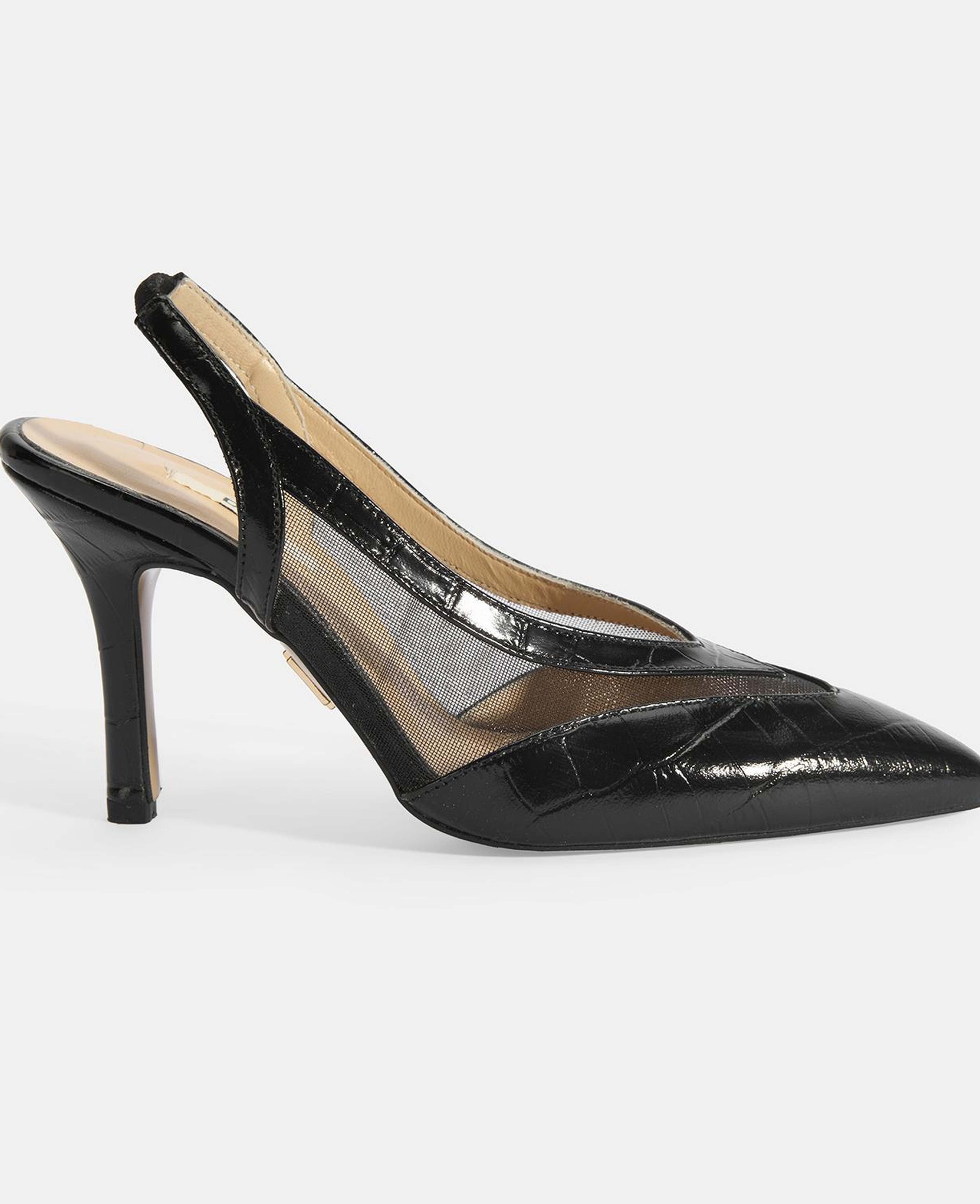 Kadın Siyah Kroko Desenli Fileli Abiye Topuklu Ayakkabı