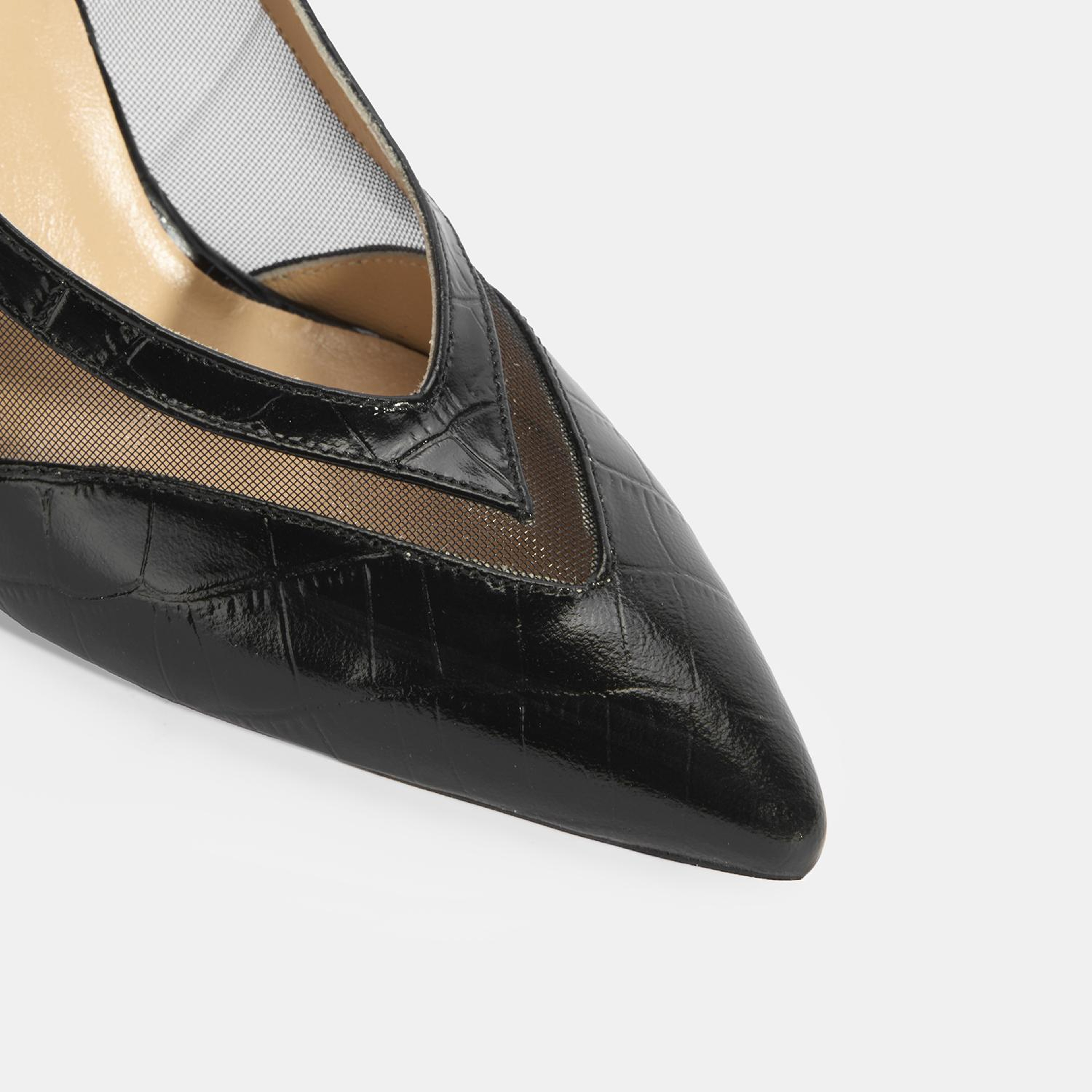 Kadın Siyah Kroko Desenli Fileli Abiye Topuklu Ayakkabı