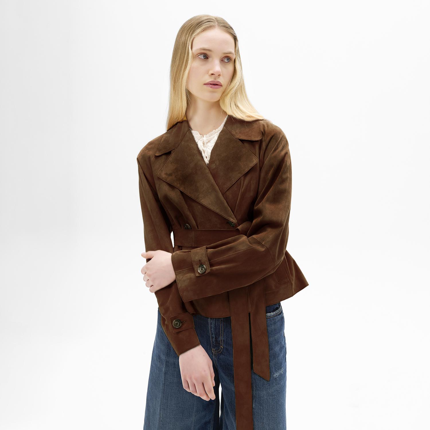 Limited Edition Kadın Taba Belden Bağlamalı Süet Kısa Trençkot