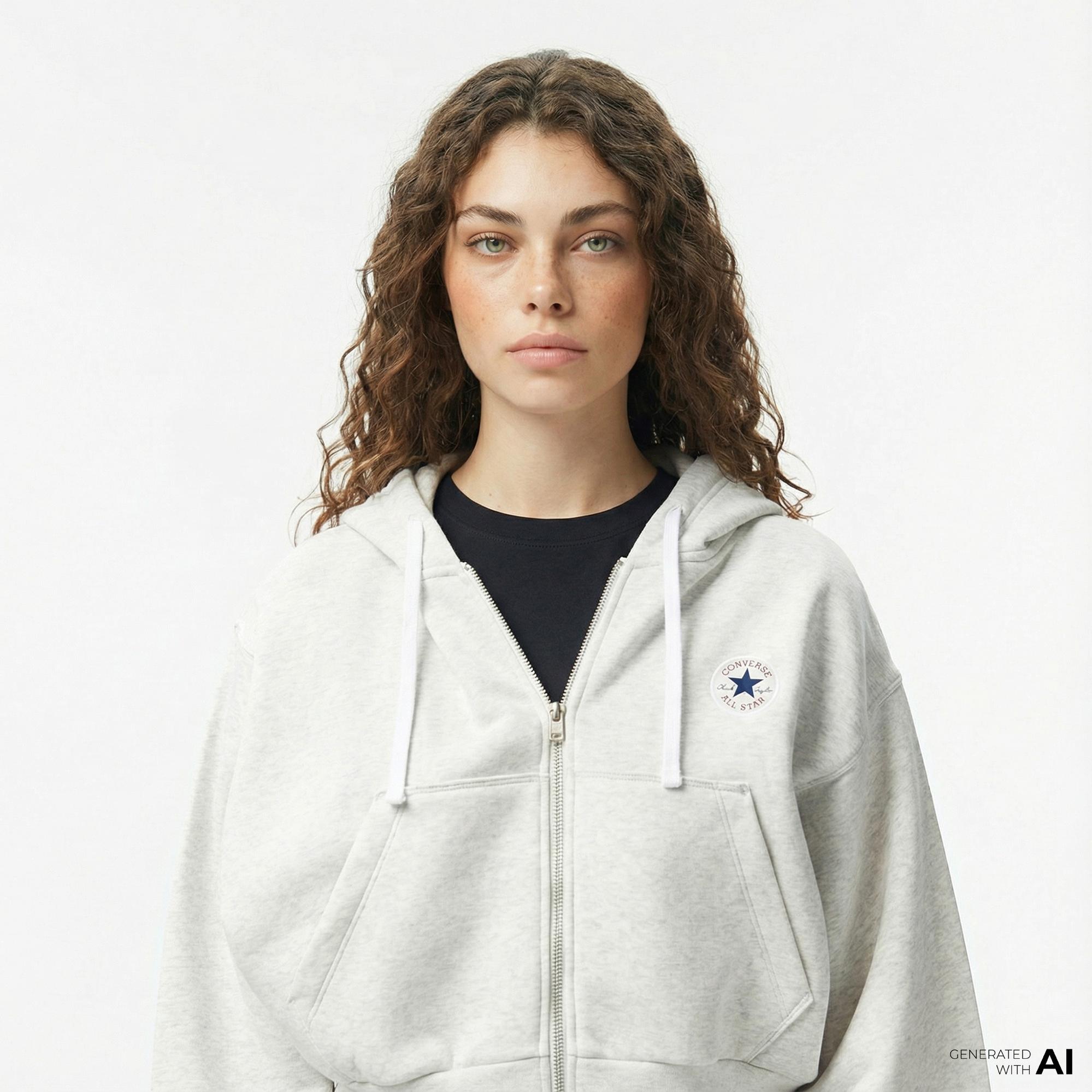 Converse Kadın Baskılı Gri Fermuarlı Hoodie
