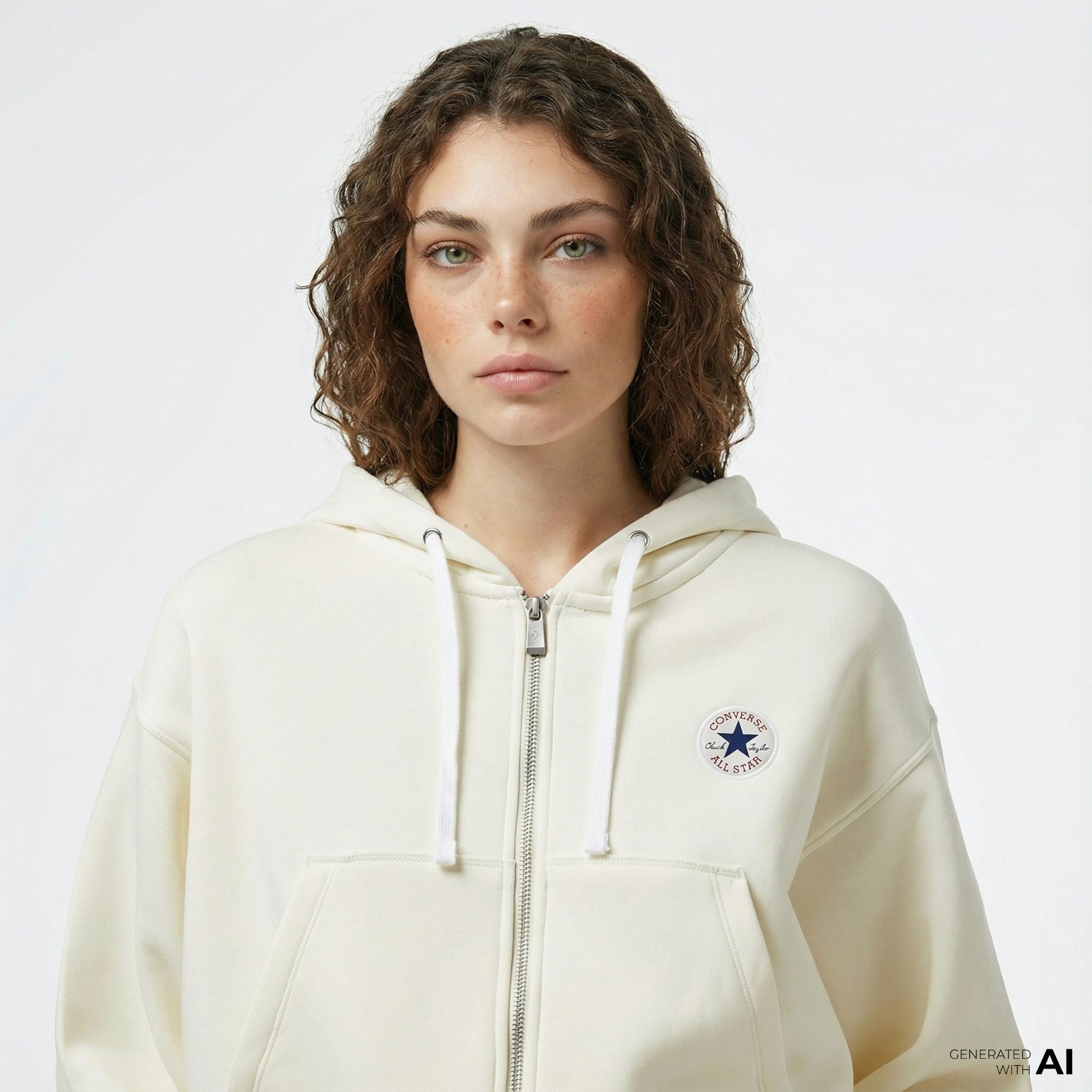 Converse Kadın Baskılı Krem Fermuarlı Hoodie