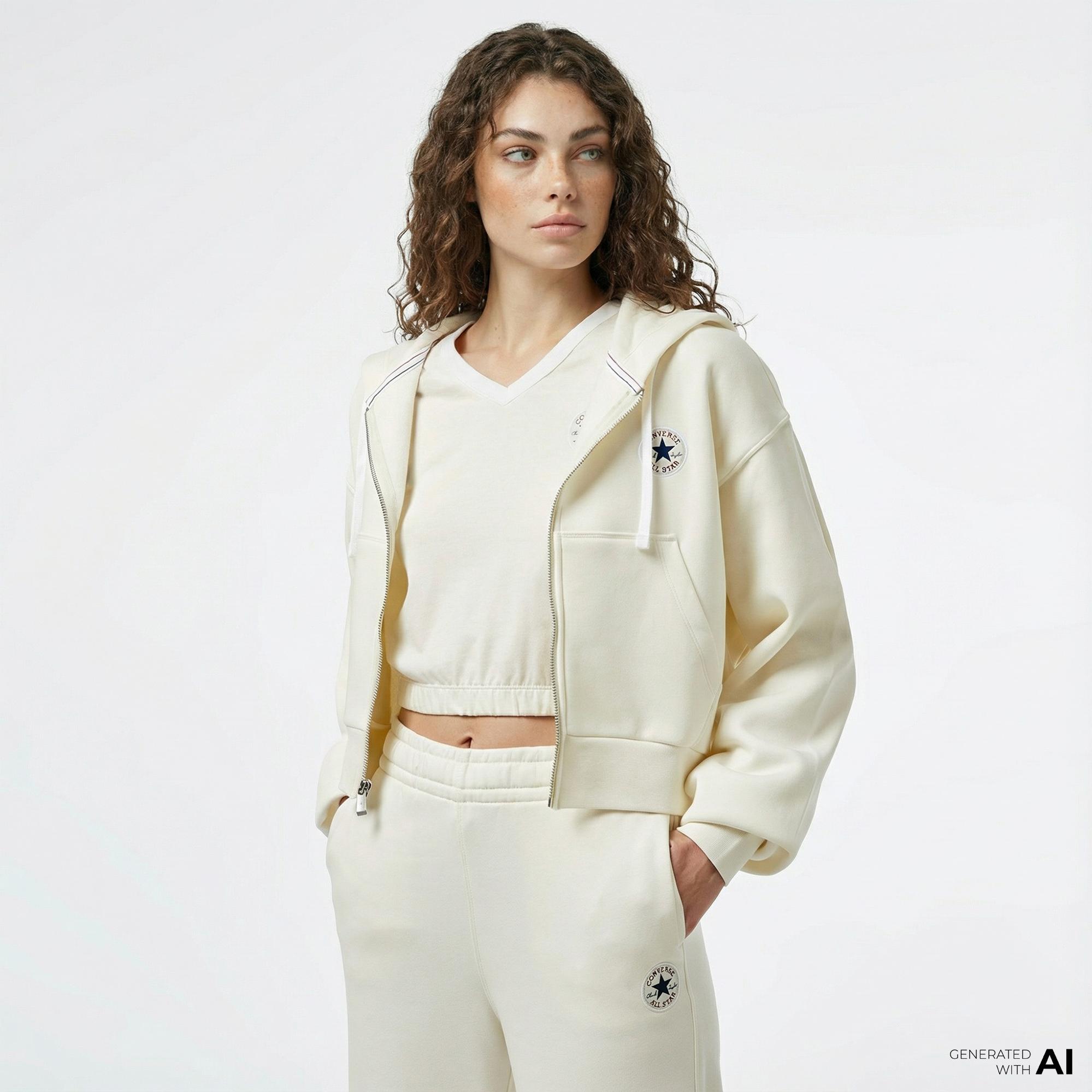 Converse Kadın Baskılı Krem Fermuarlı Hoodie