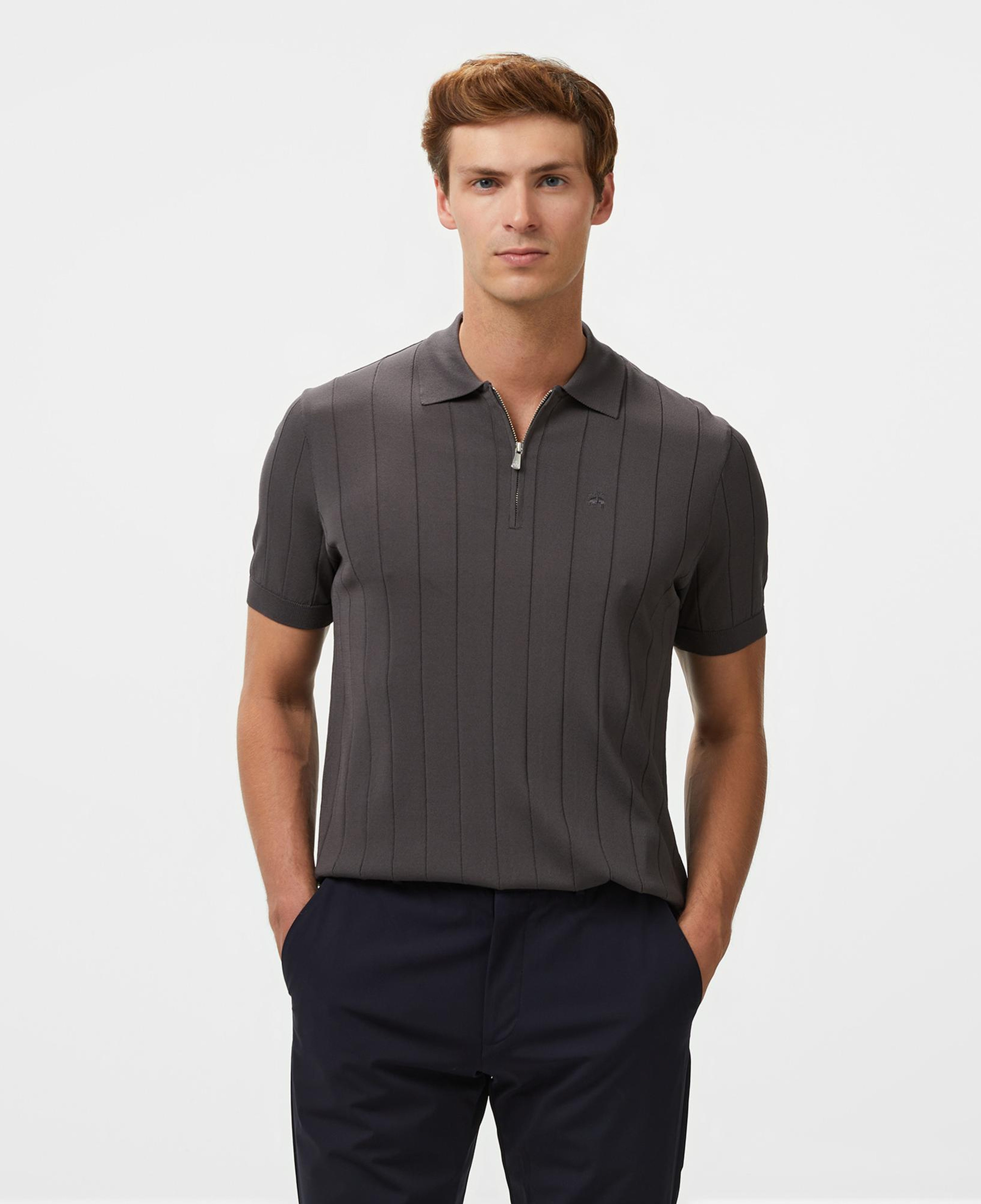 Brooks Brothers Polo Yaka Nervürlü Rayon Kısa Kol Erkek Gri Kazak