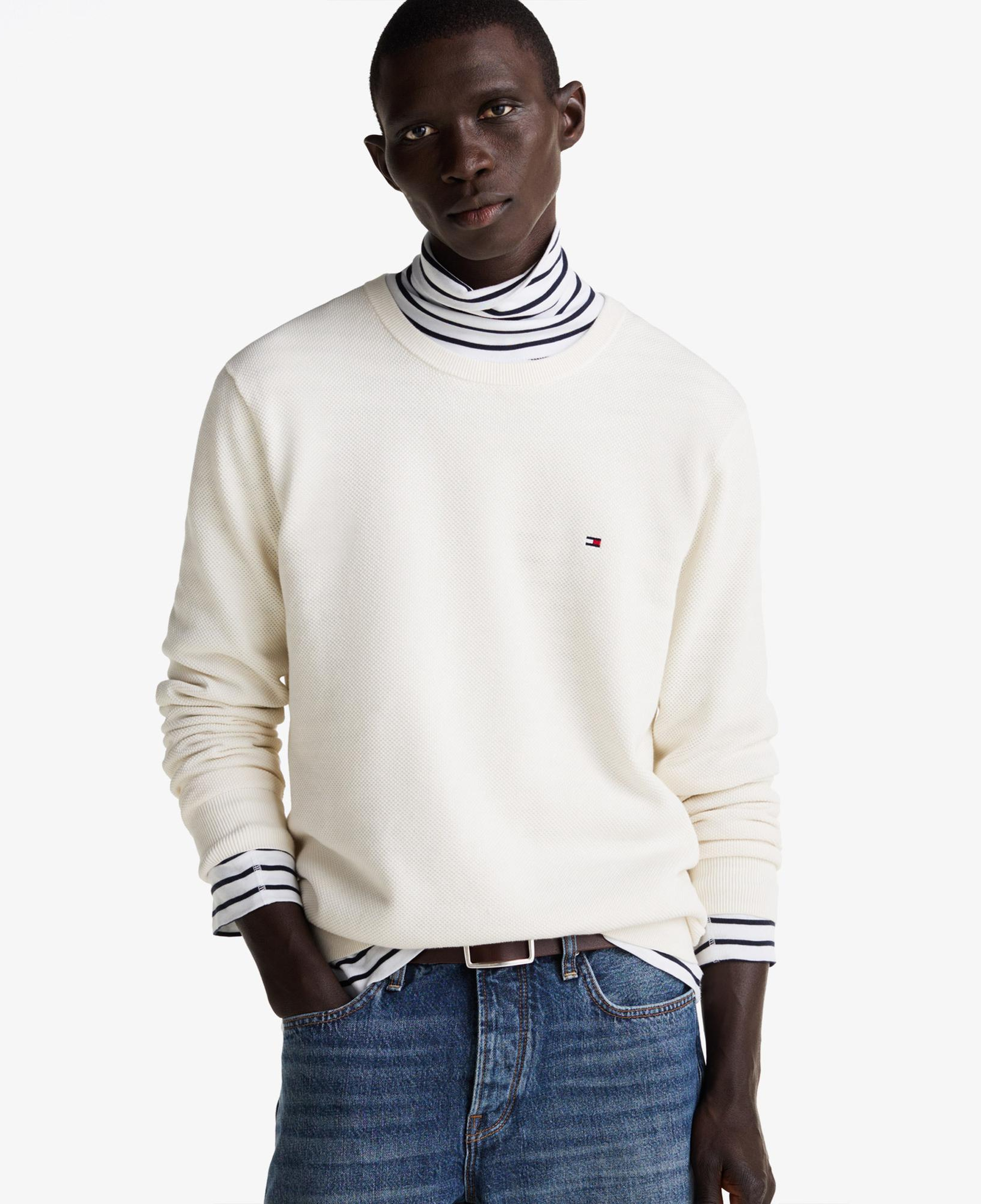 Tommy Hilfiger Essential Structure Yuvarlak Yaka Erkek Beyaz Kazak