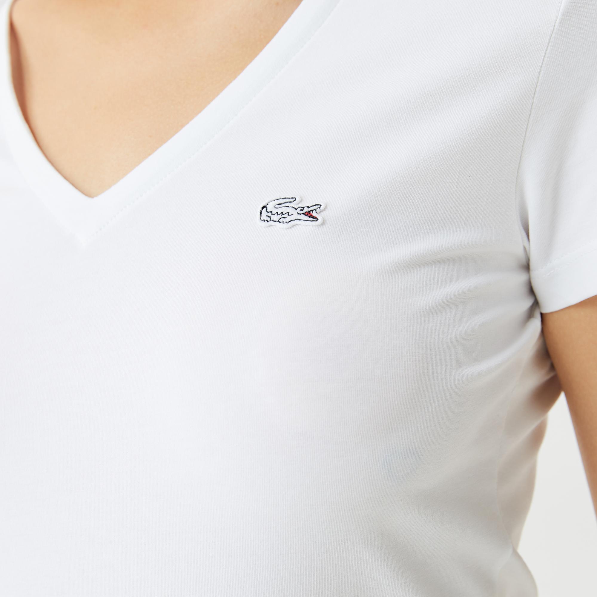 Lacoste Kadın Slim Fit V Yaka Beyaz T-Shirt