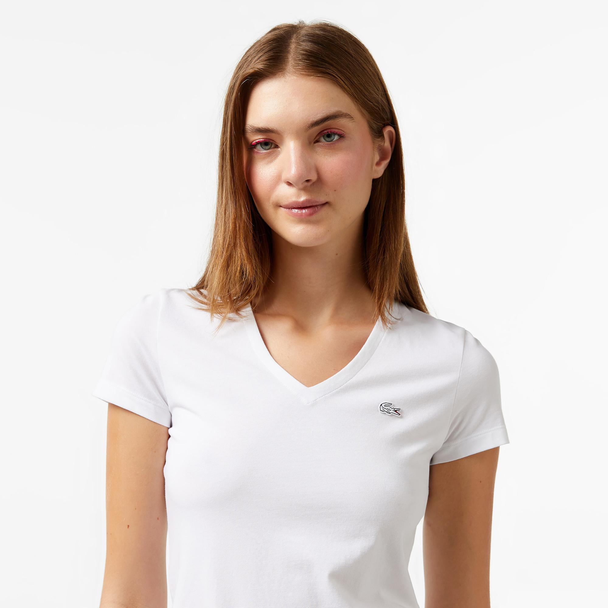 Lacoste Kadın Slim Fit V Yaka Beyaz T-Shirt