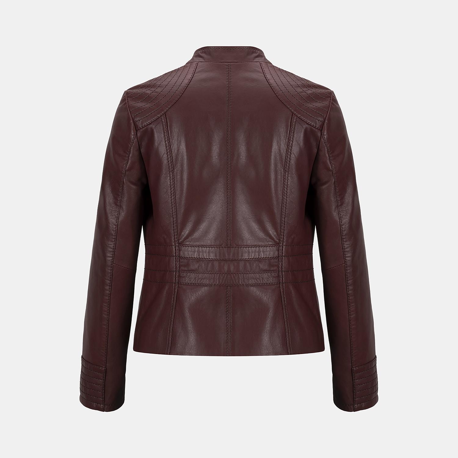 Kadın Bordo Hakim Yakalı Fit Deri Ceket