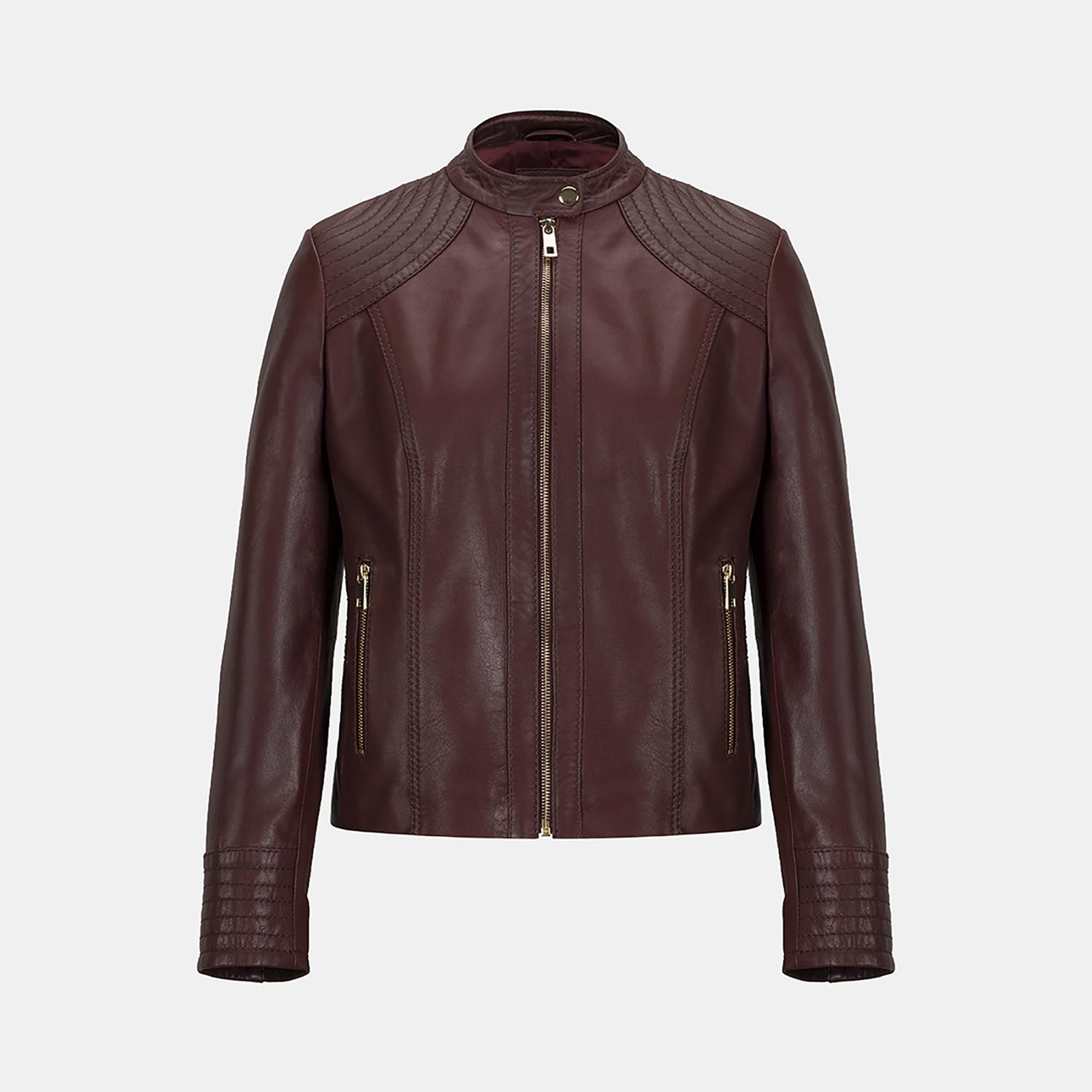 Kadın Bordo Hakim Yakalı Fit Deri Ceket