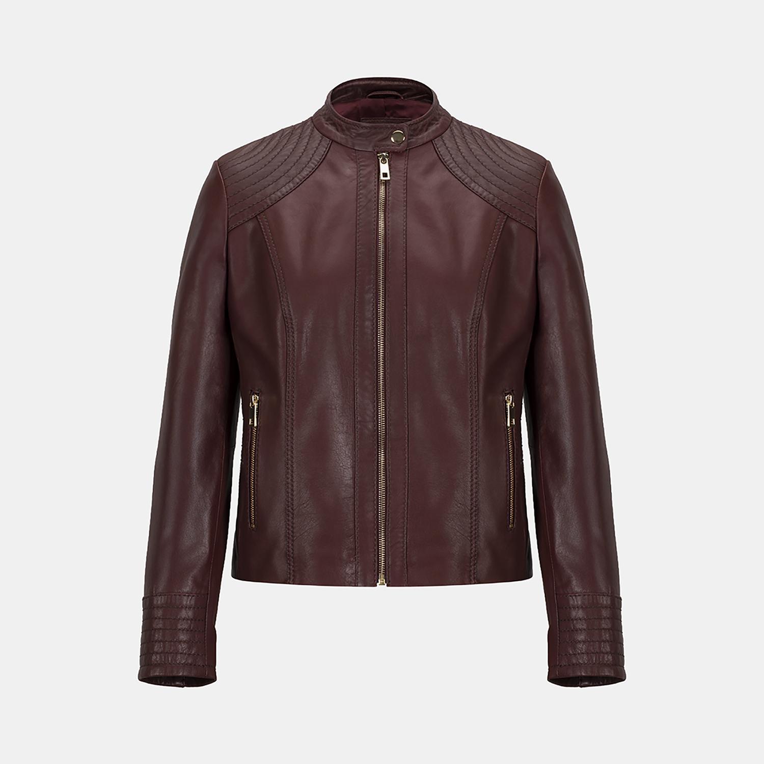 Kadın Bordo Hakim Yakalı Fit Deri Ceket