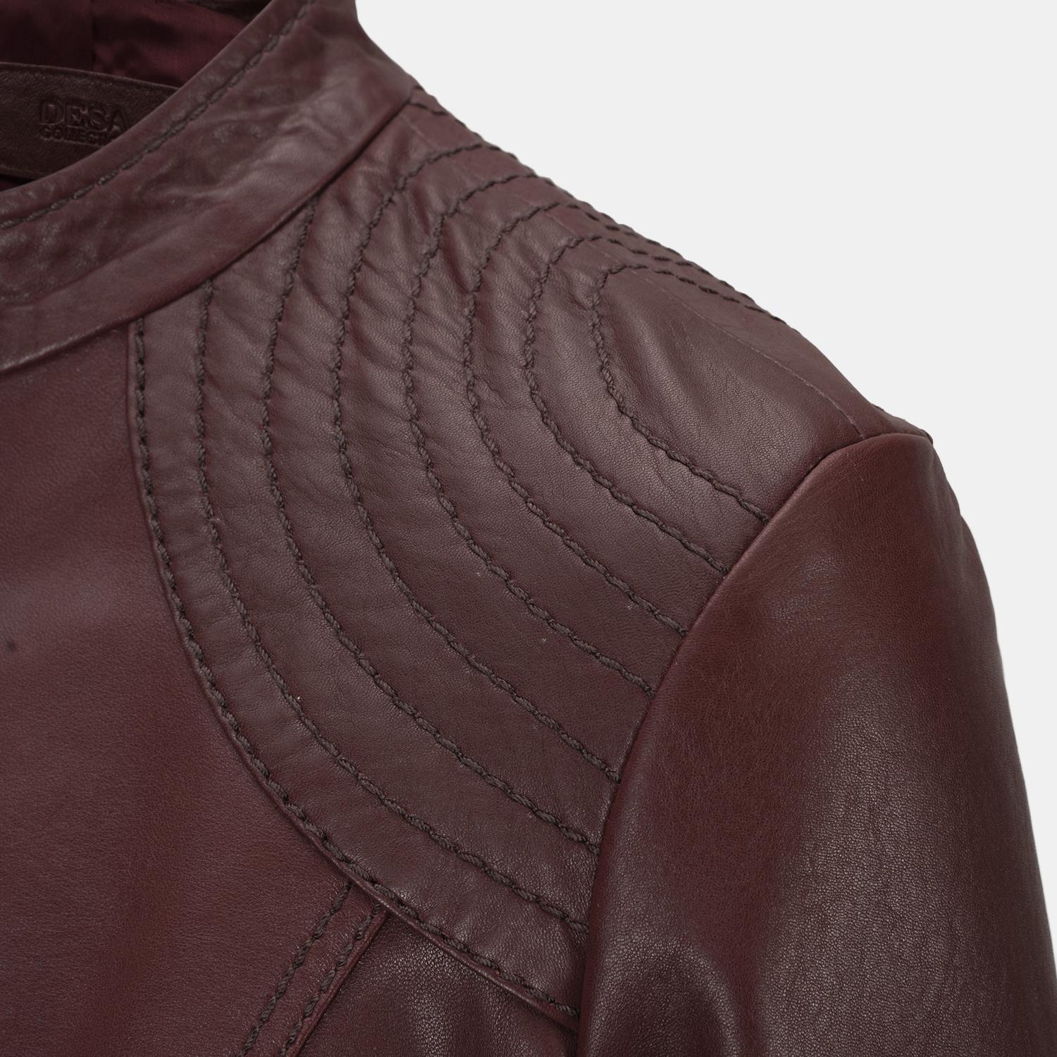 Kadın Bordo Hakim Yakalı Fit Deri Ceket