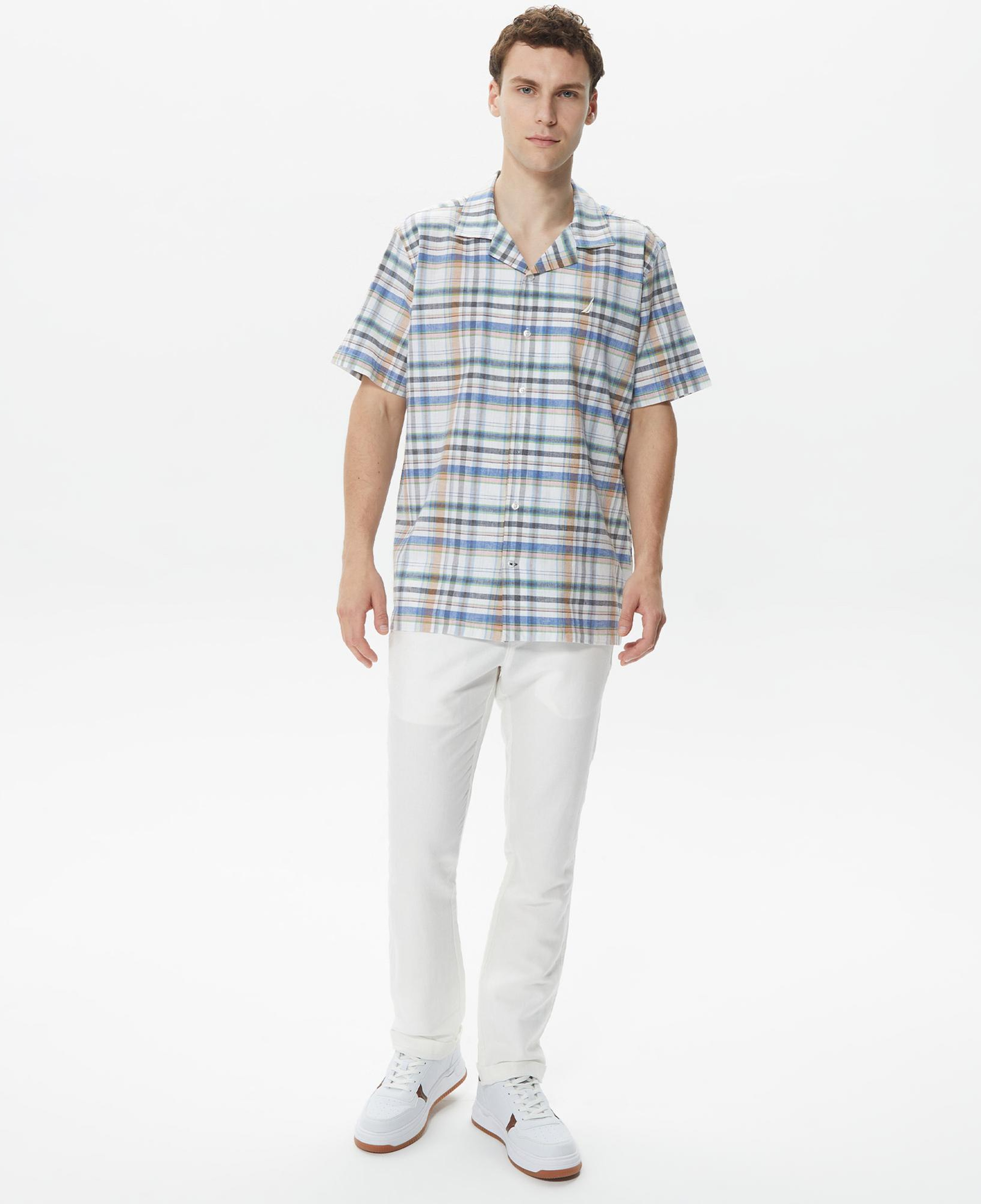 Nautica Erkek Krem Rengi Classic Fit Kısa Kollu Keten Gömlek