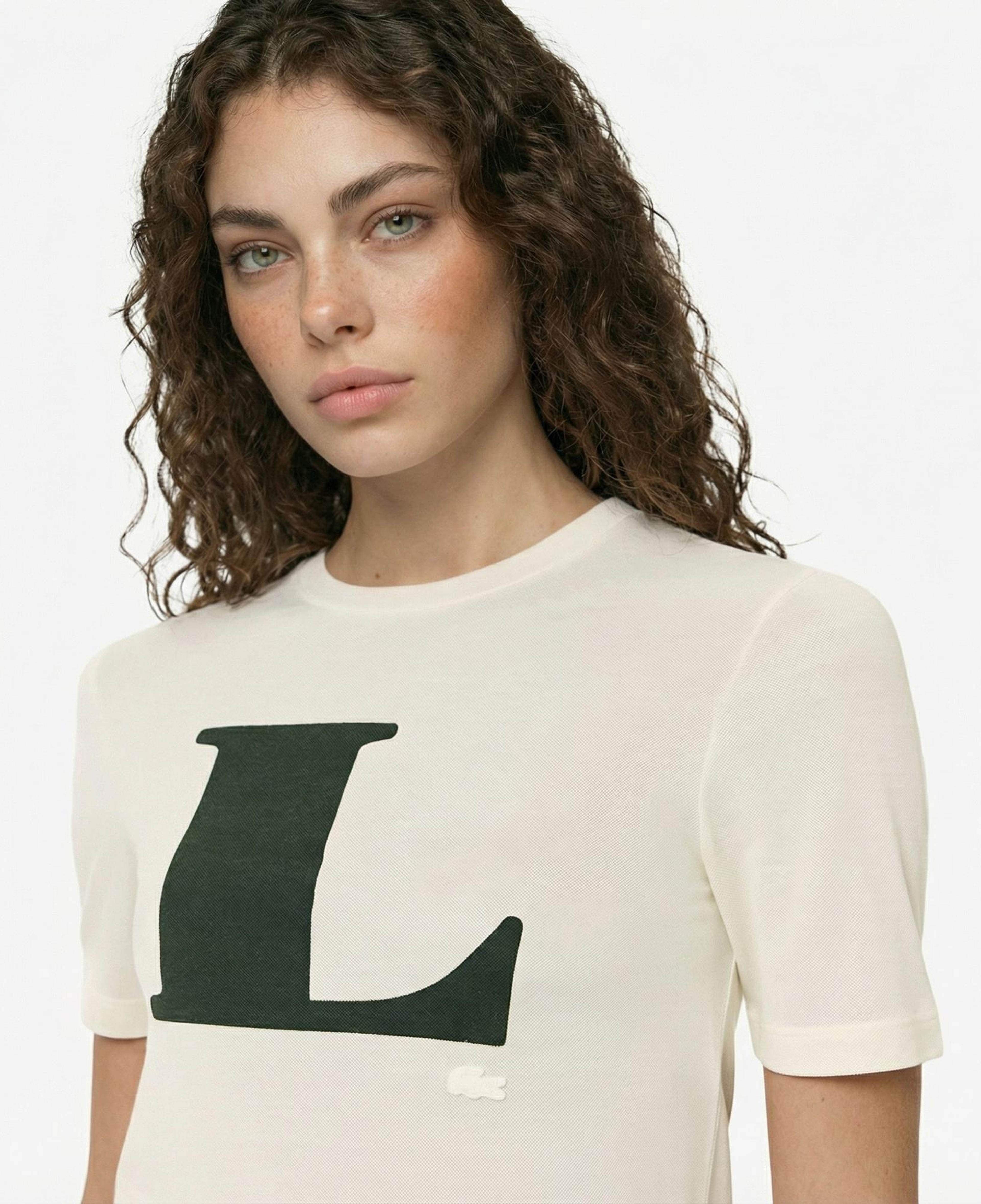 Lacoste Runway Kadın Bisiklet Yaka Baskılı İpek Beyaz T-Shirt