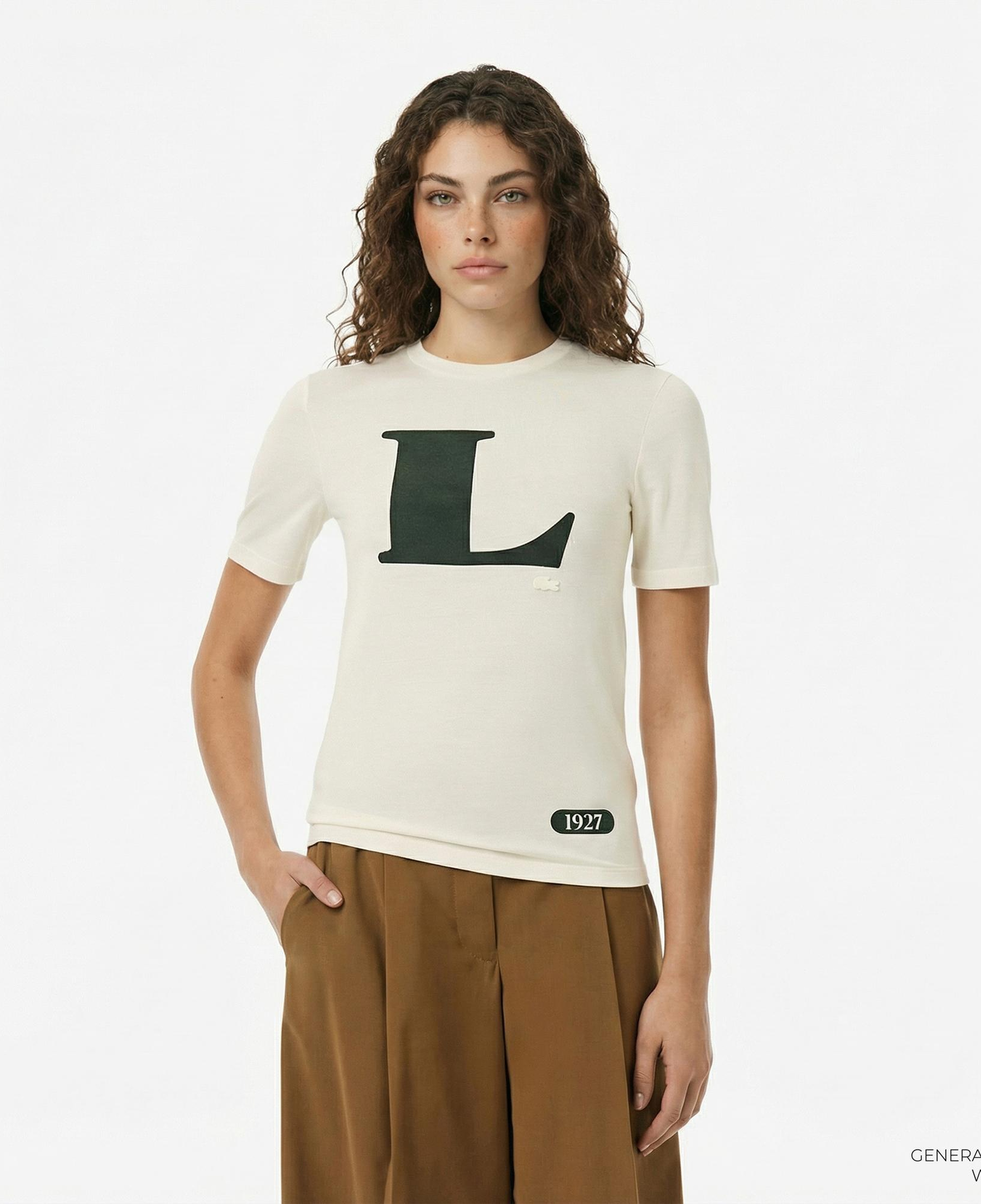 Lacoste Runway Kadın Bisiklet Yaka Baskılı İpek Beyaz T-Shirt