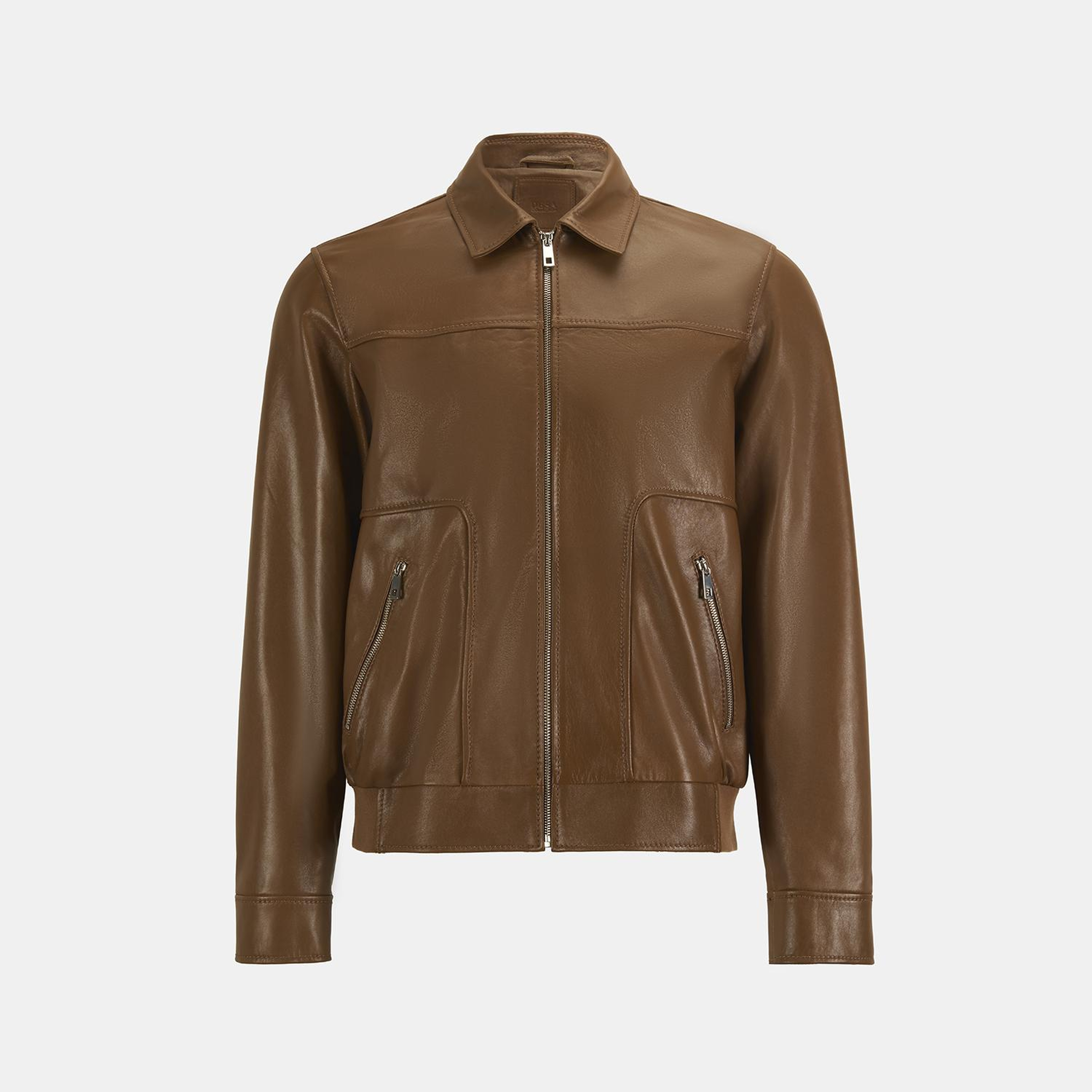 Erkek Taba Fermuarlı Gömlek Yaka Deri Ceket